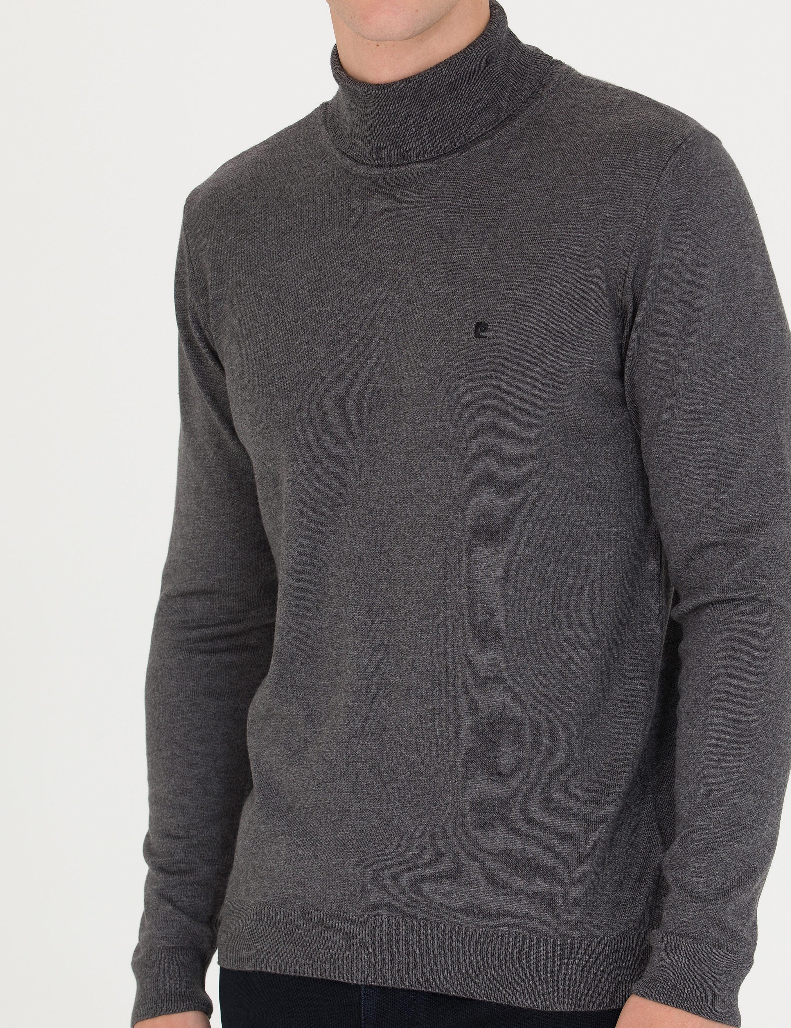 Gri Melanj Slim Fit Balıkçı Yaka Basic Triko Kazak