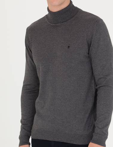 Gri Melanj Slim Fit Balıkçı Yaka Basic Triko Kazak