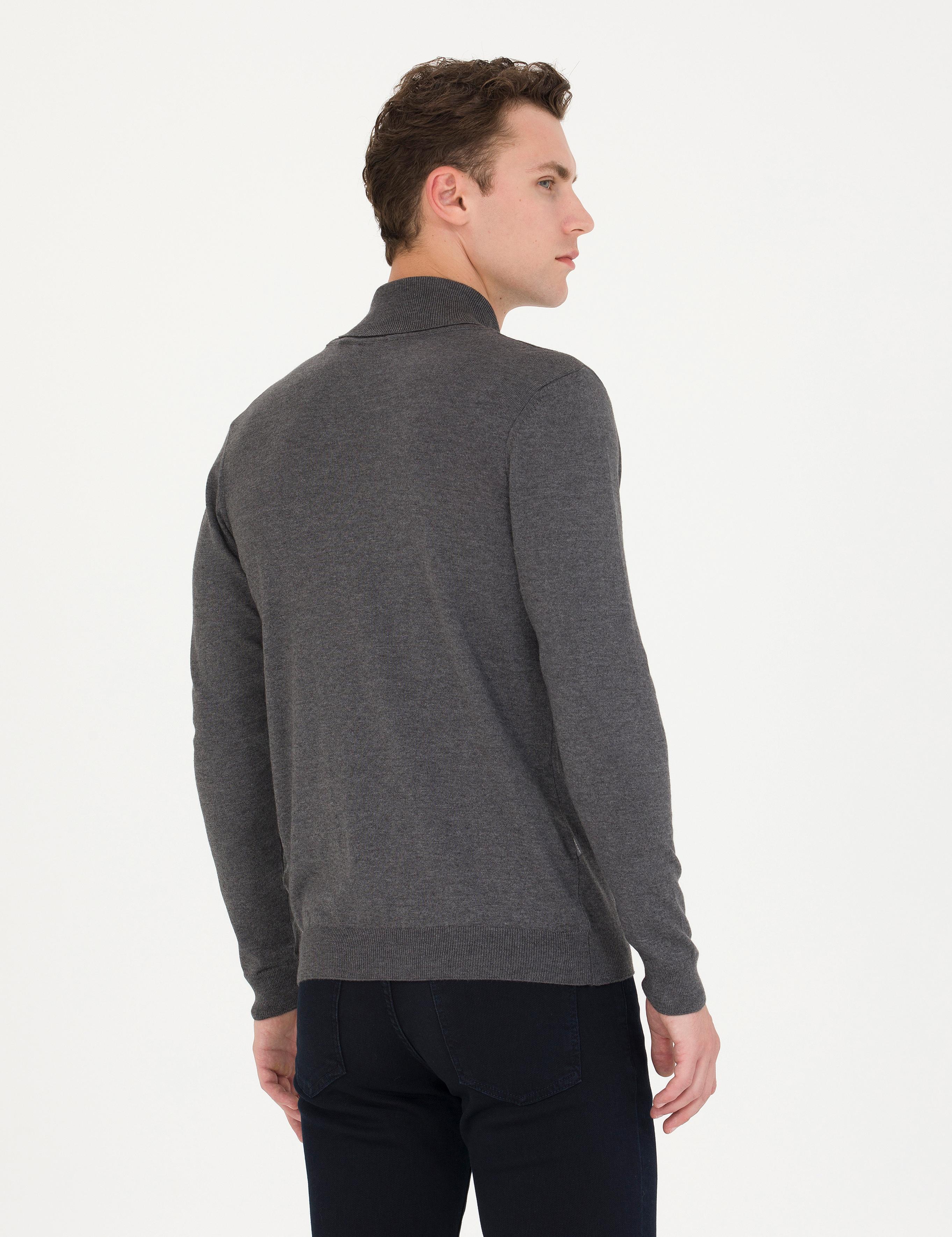 Gri Melanj Slim Fit Balıkçı Yaka Basic Triko Kazak