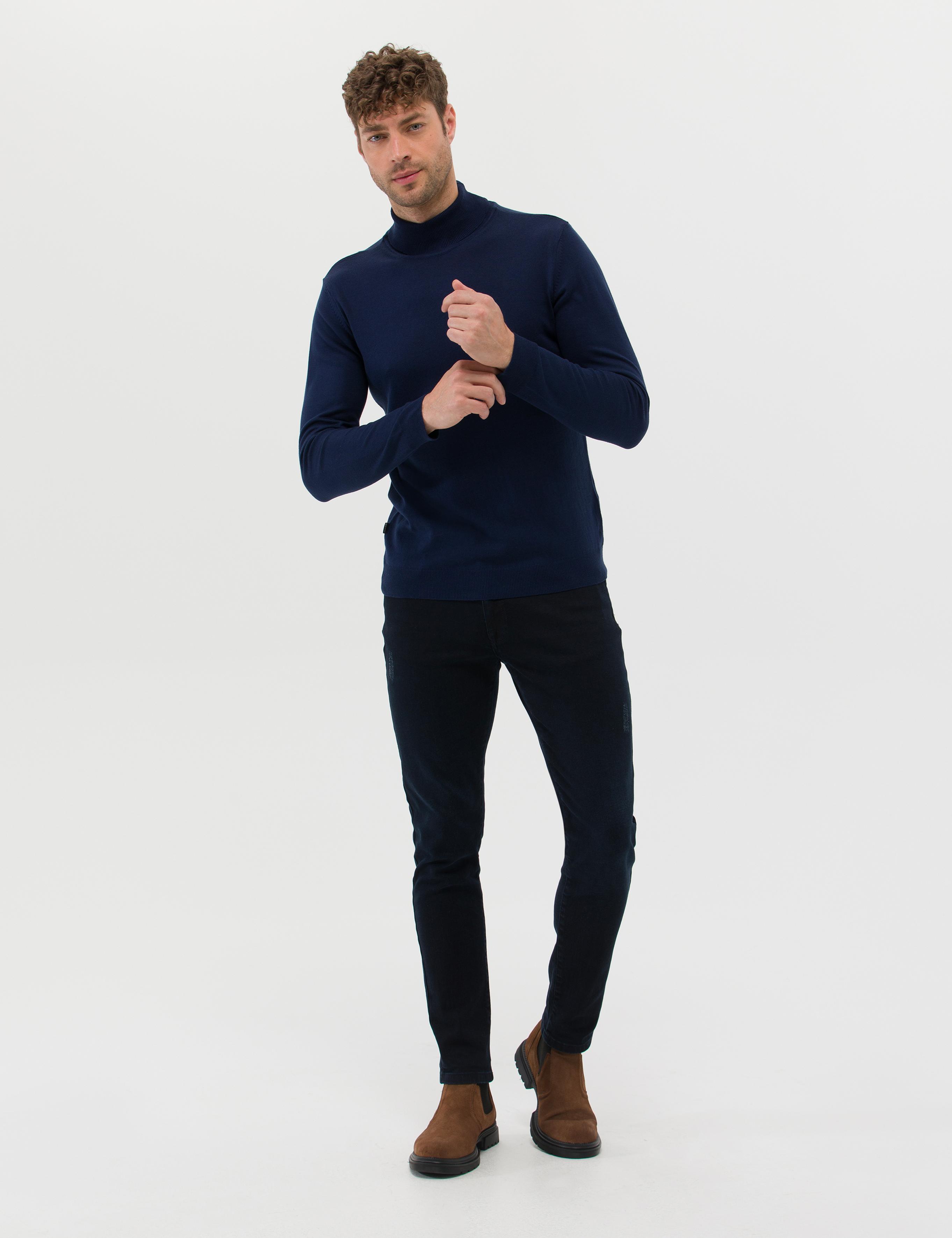 Açık Lacivert Slim Fit Balıkçı Yaka Basic Triko Kazak