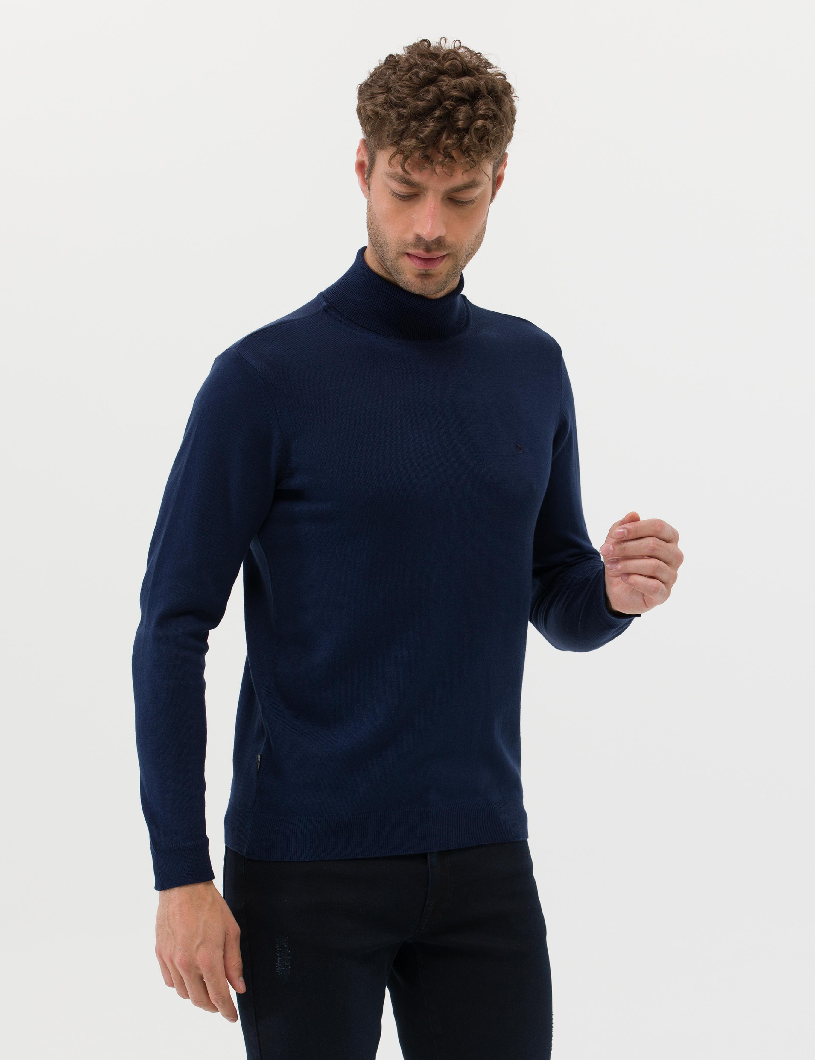 Açık Lacivert Slim Fit Balıkçı Yaka Basic Triko Kazak