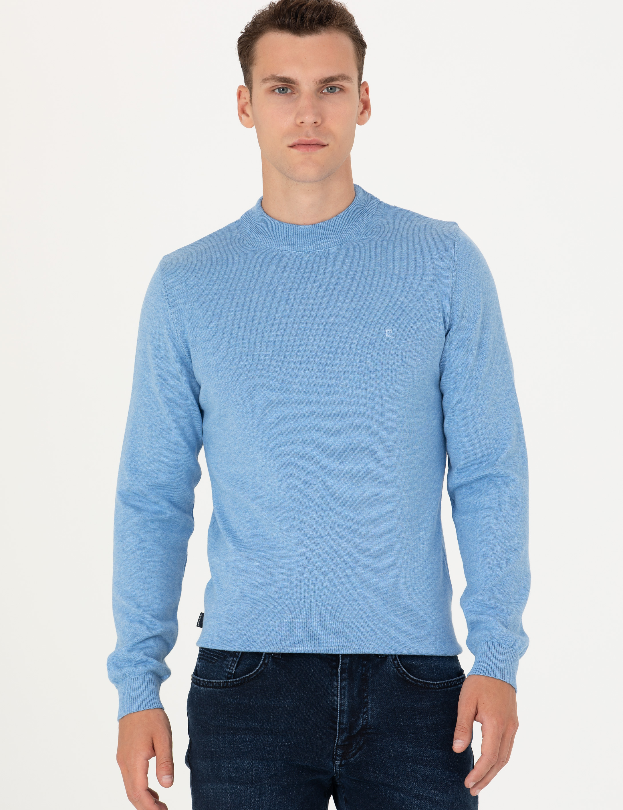 Pierre Cardin Mavi Melanj Slim Fit Çeyrek Yaka Basic Triko Kazak görsel 3