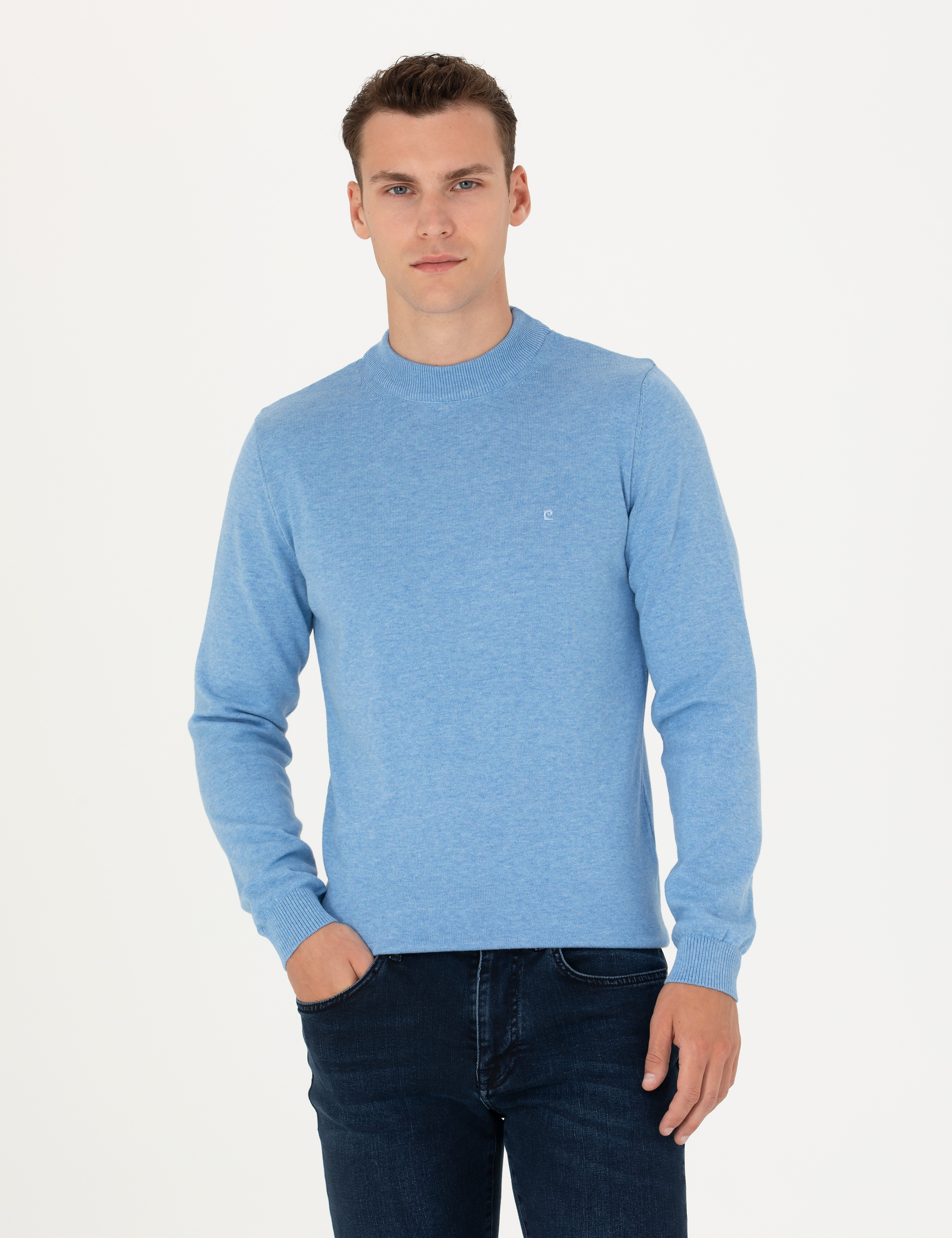 Mavi Melanj Slim Fit Çeyrek Yaka Basic Triko Kazak