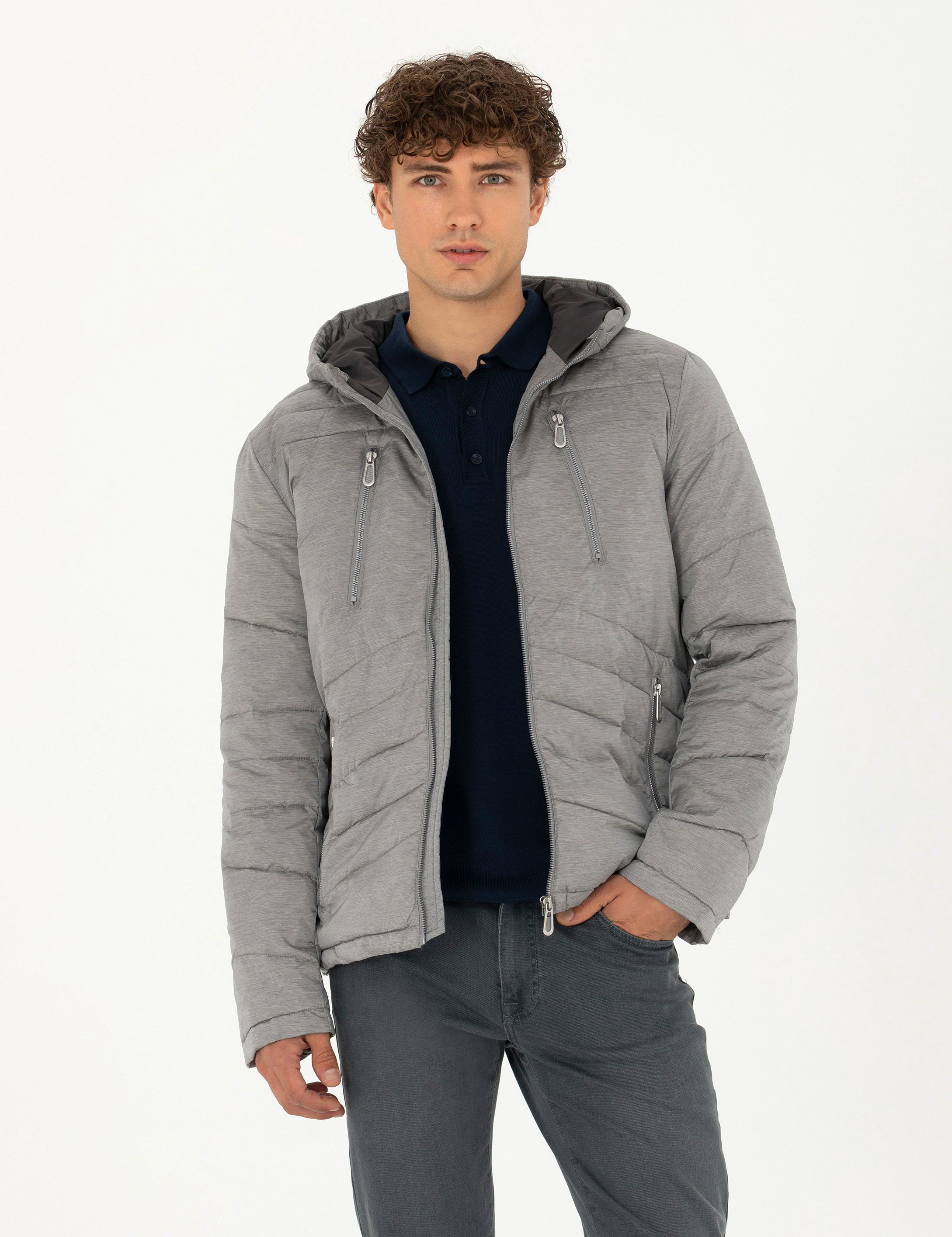 Pierre Cardin Gri Kapüşonlu Dolgulu Spor Mont görsel 3