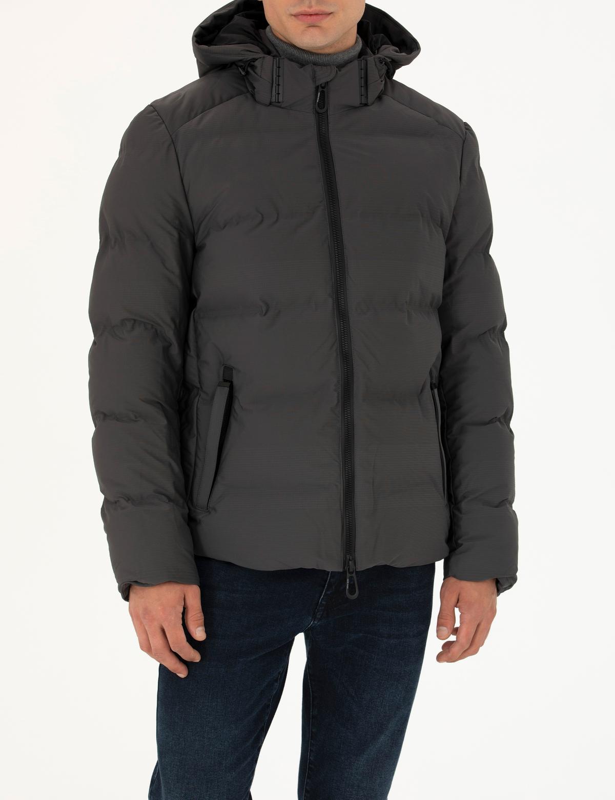 Antrasit Kapüşonlu Şişme Mont - 50275487009