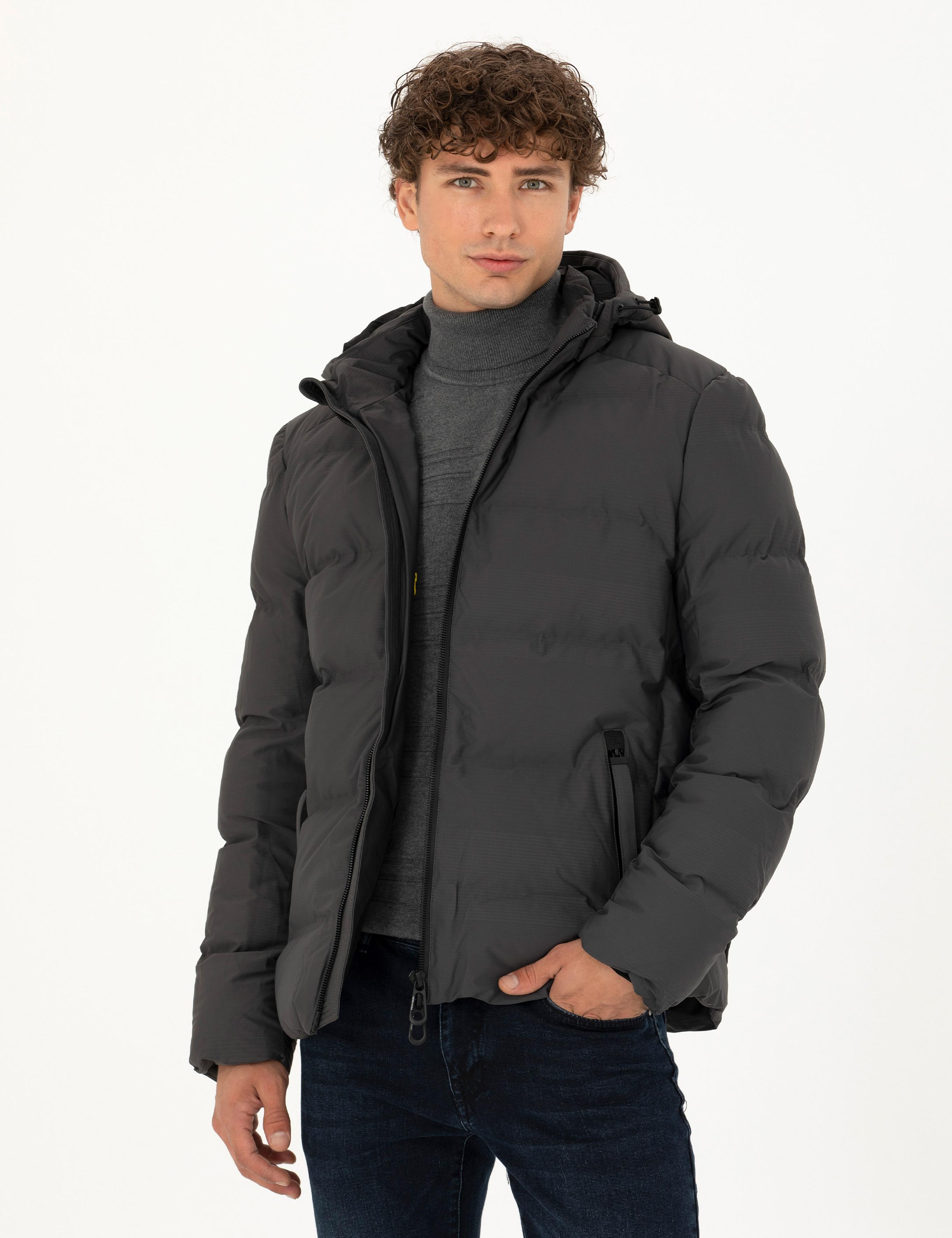 Antrasit Kapüşonlu Şişme Mont