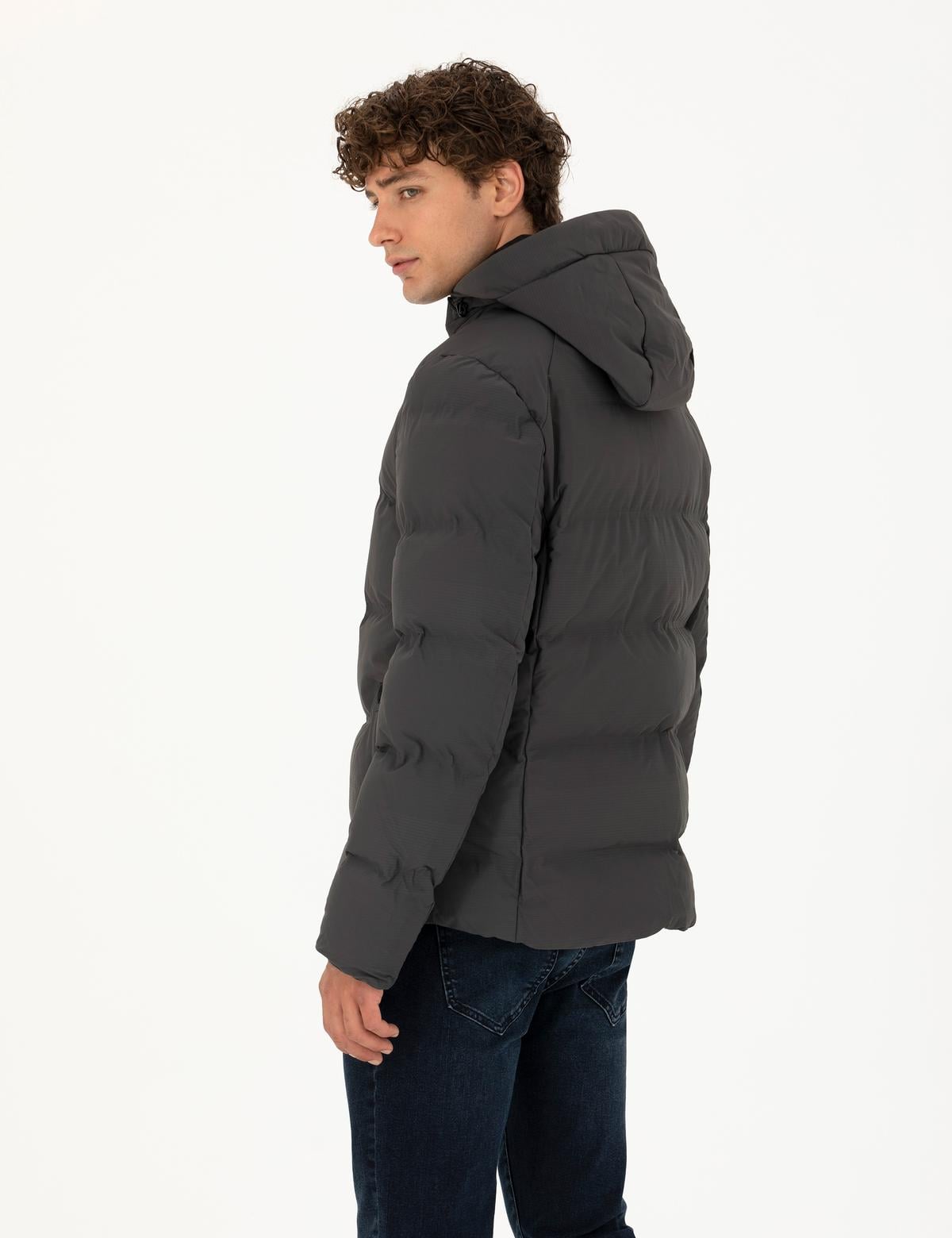 Antrasit Kapüşonlu Şişme Mont - 50275487009