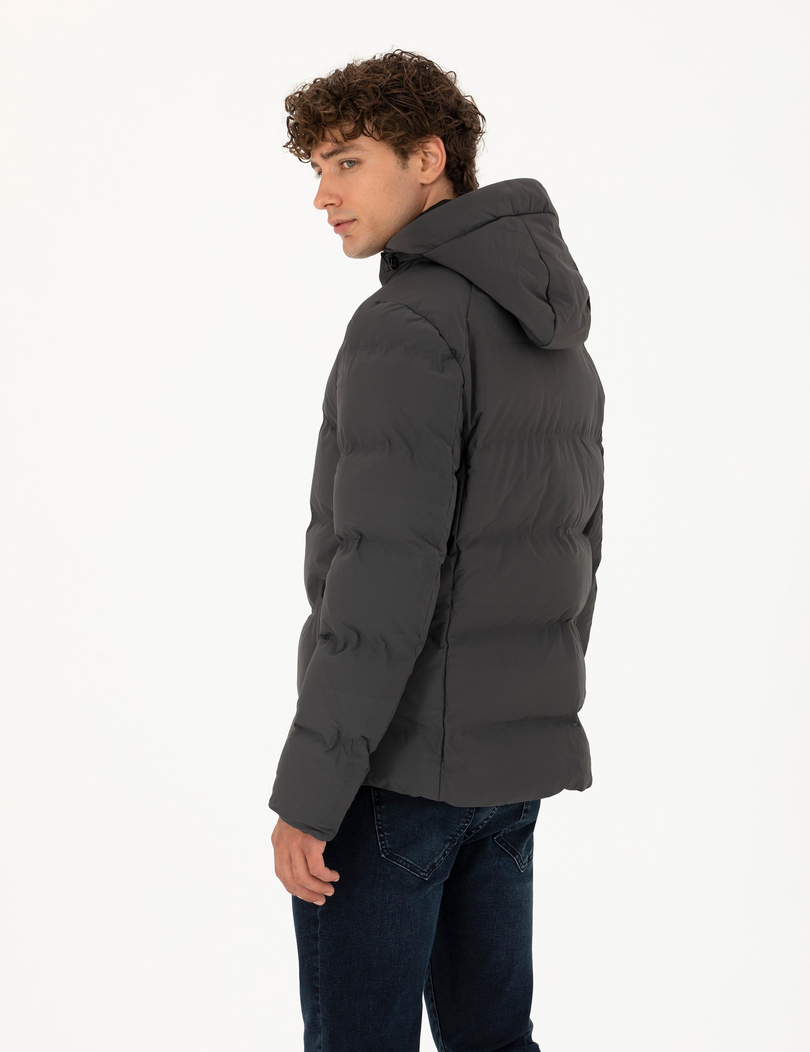 Antrasit Kapüşonlu Şişme Mont