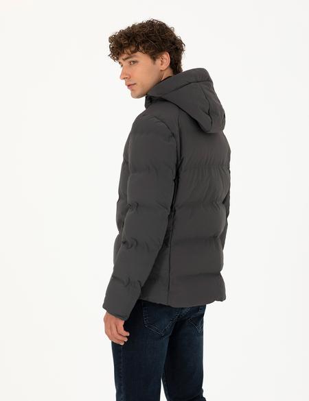 Antrasit Kapüşonlu Şişme Mont - 50275487009