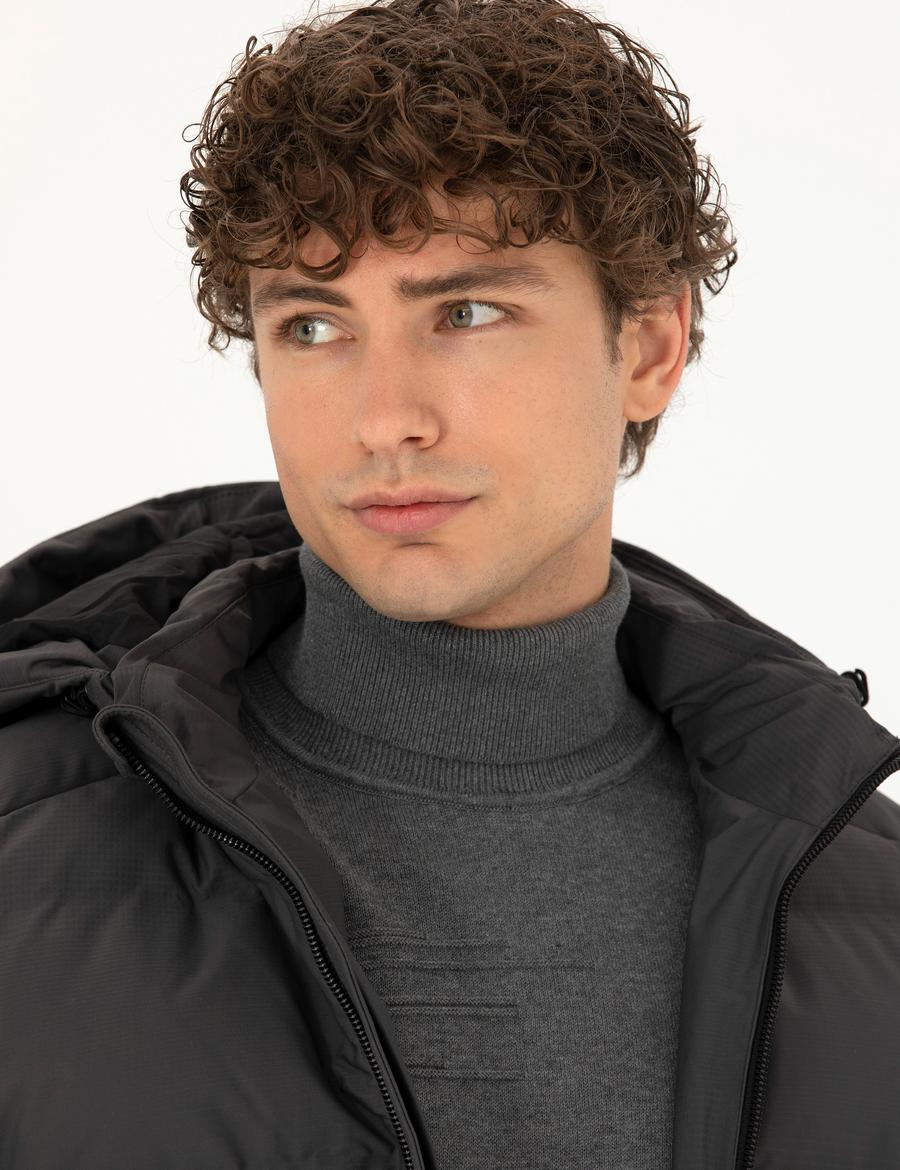 Antrasit Kapüşonlu Şişme Mont