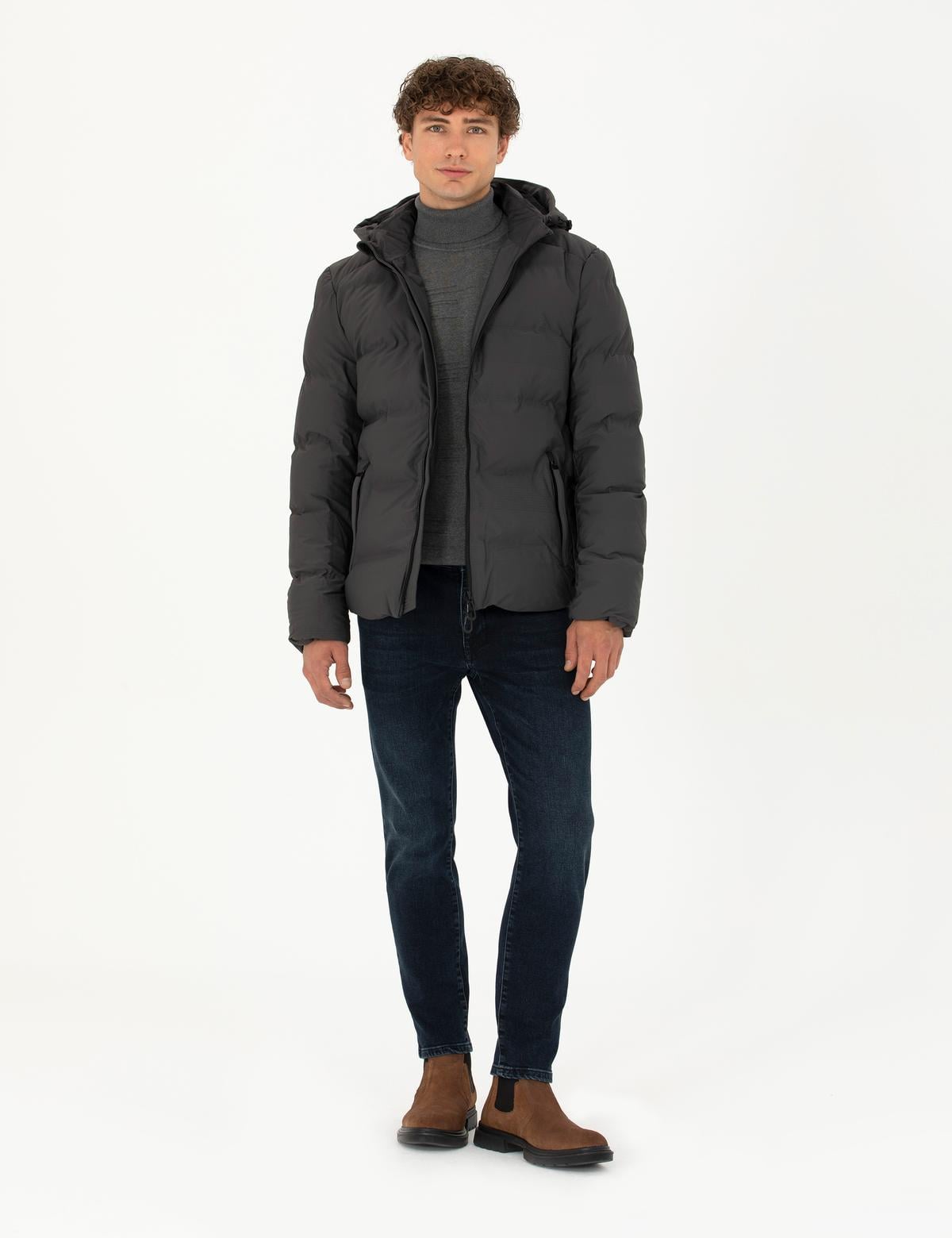 Antrasit Kapüşonlu Şişme Mont - 50275487009