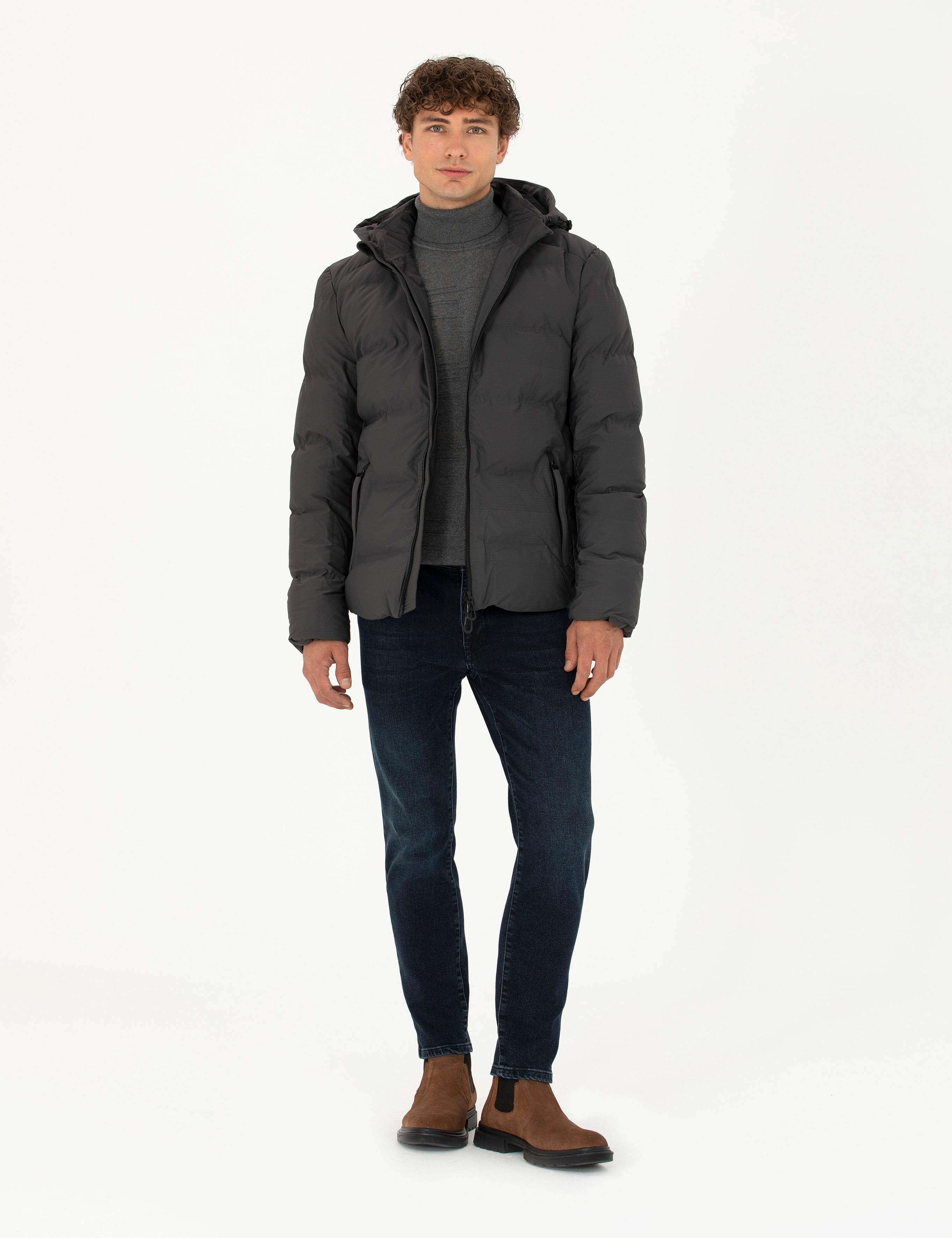 Antrasit Kapüşonlu Şişme Mont