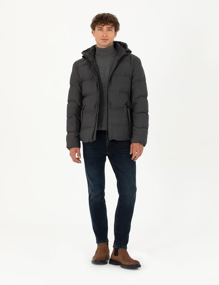 Antrasit Kapüşonlu Şişme Mont - 50275487009