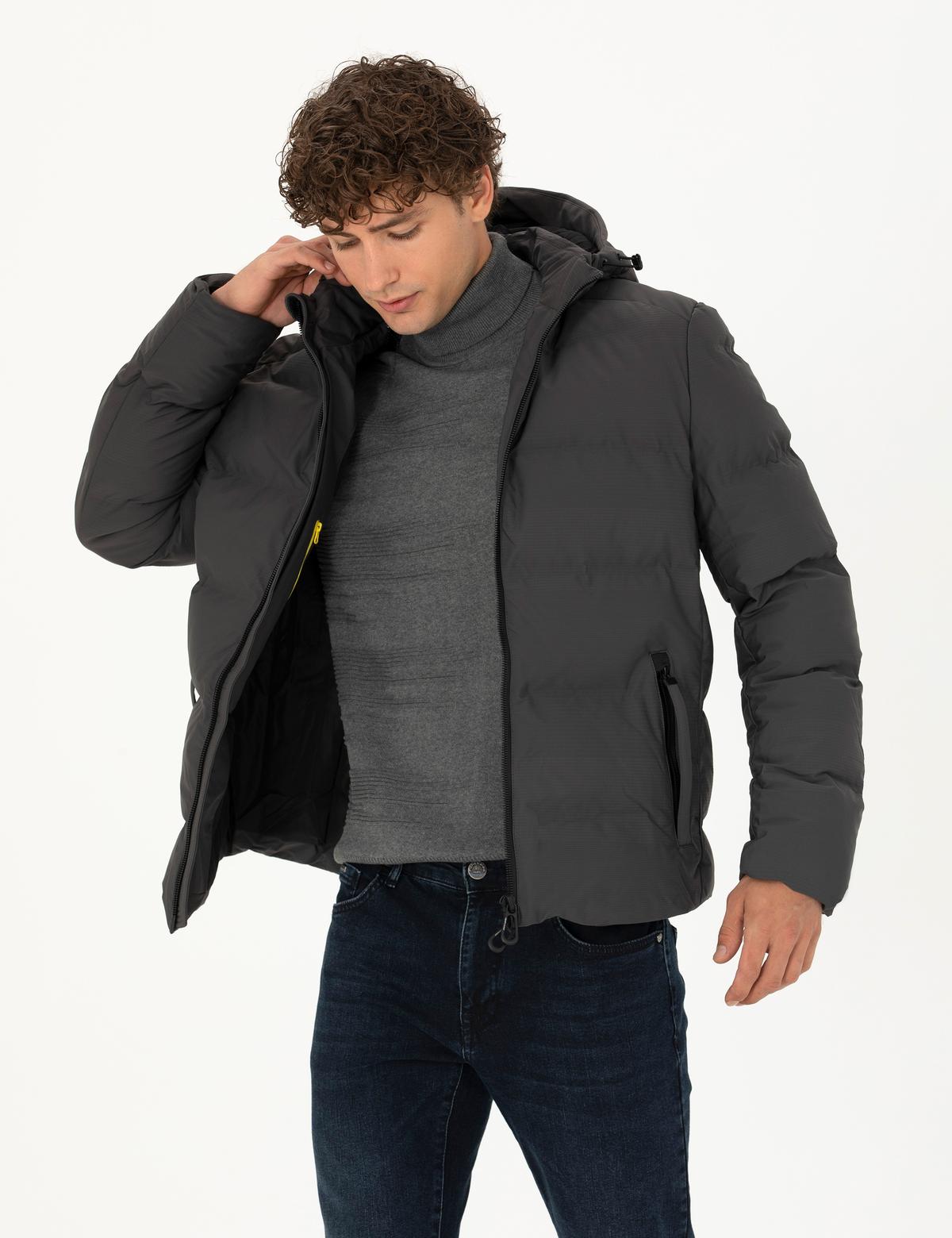 Antrasit Kapüşonlu Şişme Mont