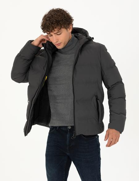 Antrasit Kapüşonlu Şişme Mont - 50275487009