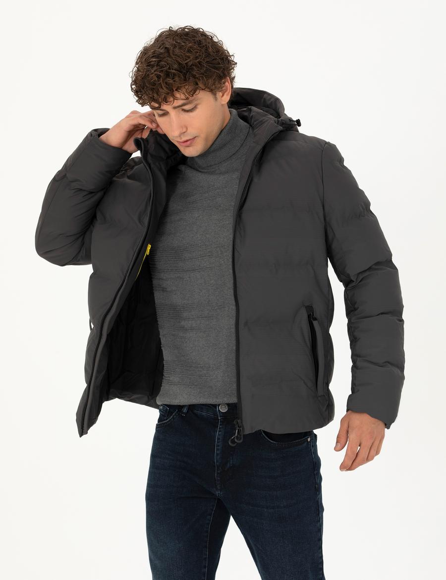 Antrasit Kapüşonlu Şişme Mont