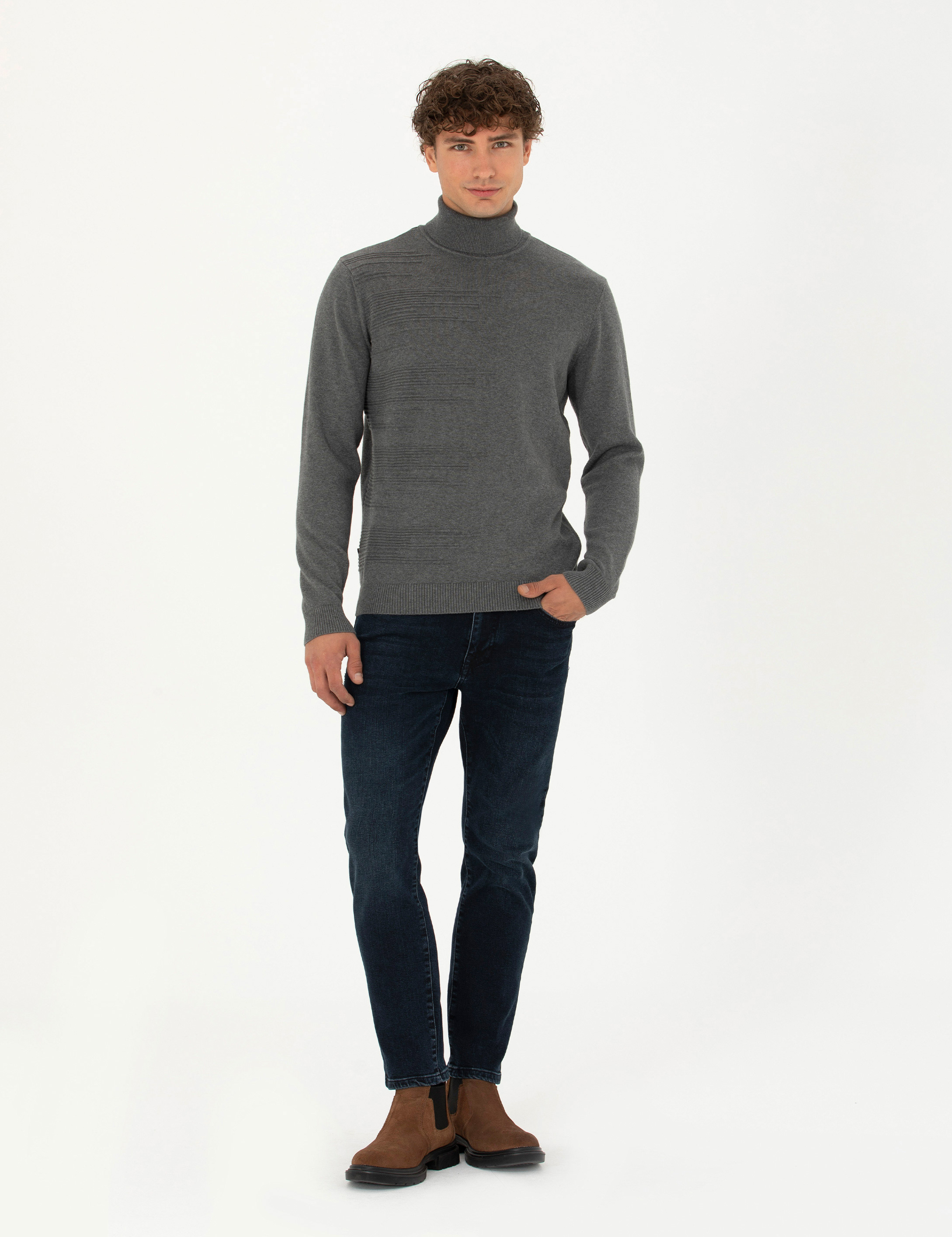 Pierre Cardin Gri Melanj Slim Fit Balıkçı Yaka Triko Kazak görsel 4