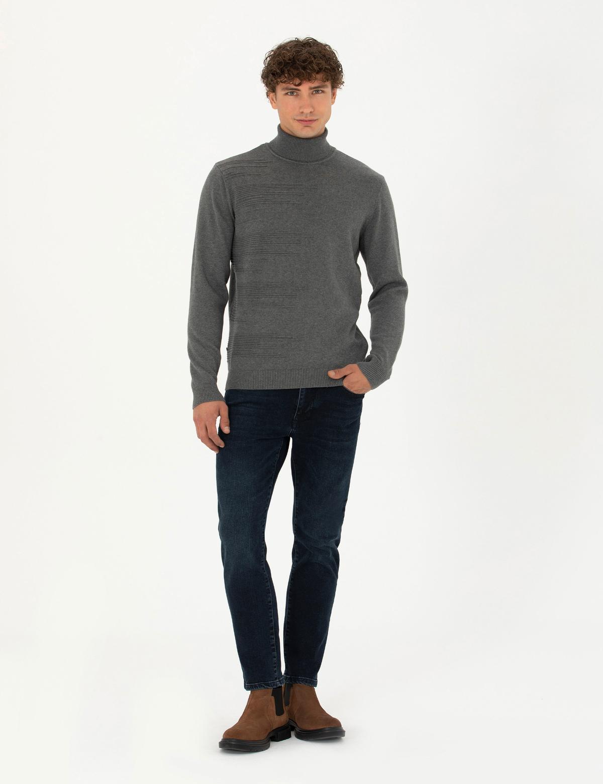 Gri Melanj Slim Fit Balıkçı Yaka Triko Kazak - 50281831018