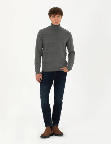 Gri Melanj Slim Fit Balıkçı Yaka Triko Kazak