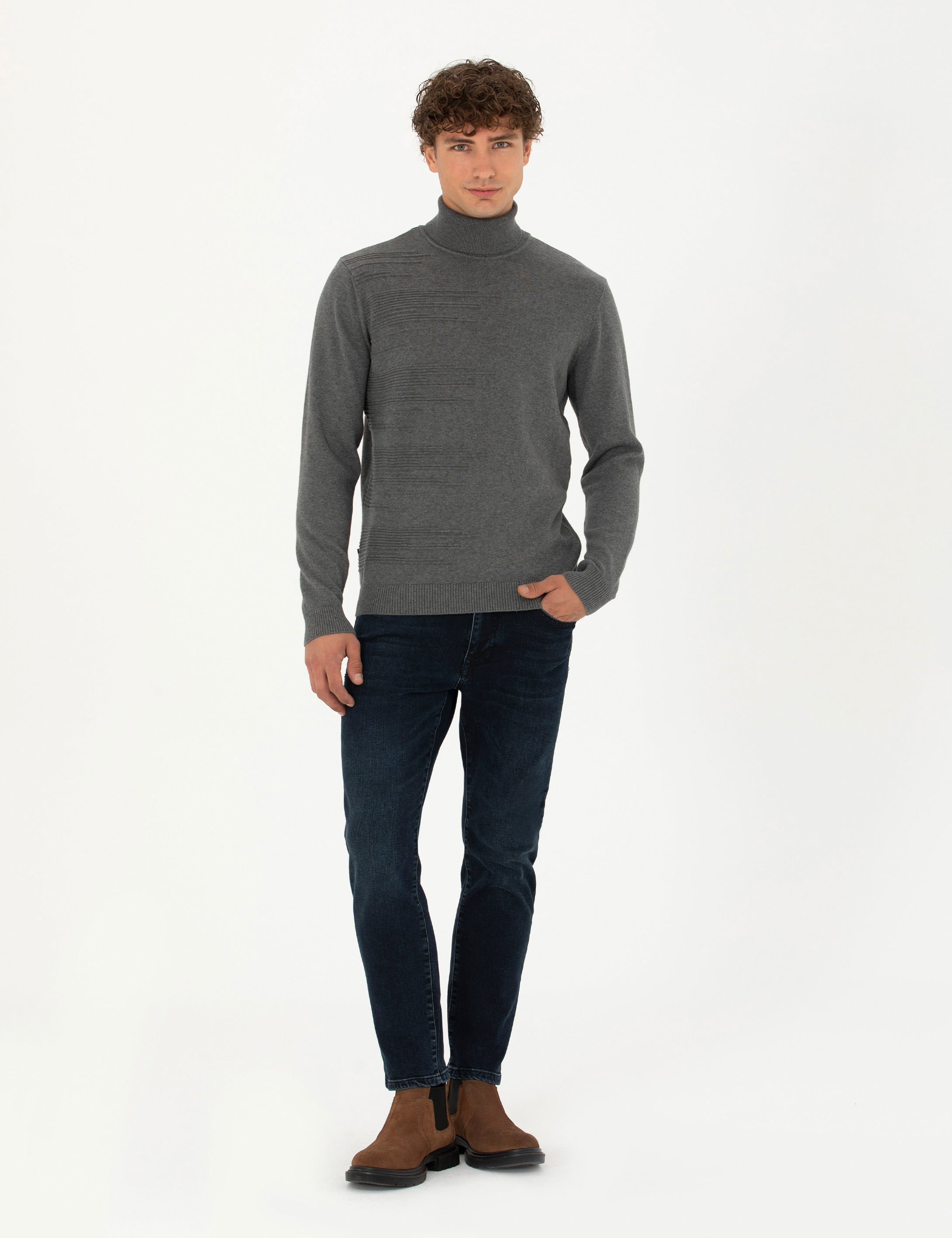 Gri Melanj Slim Fit Balıkçı Yaka Triko Kazak