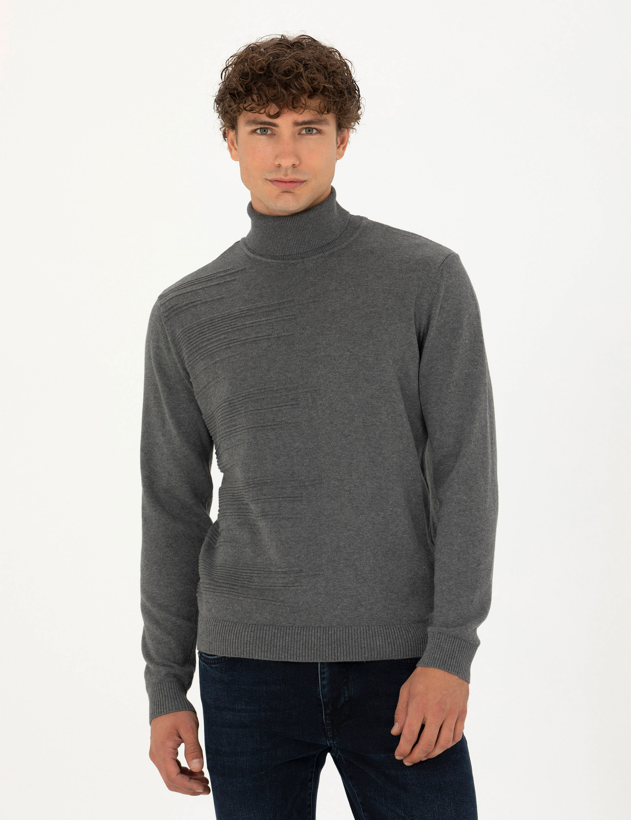Pierre Cardin Gri Melanj Slim Fit Balıkçı Yaka Triko Kazak görsel 3