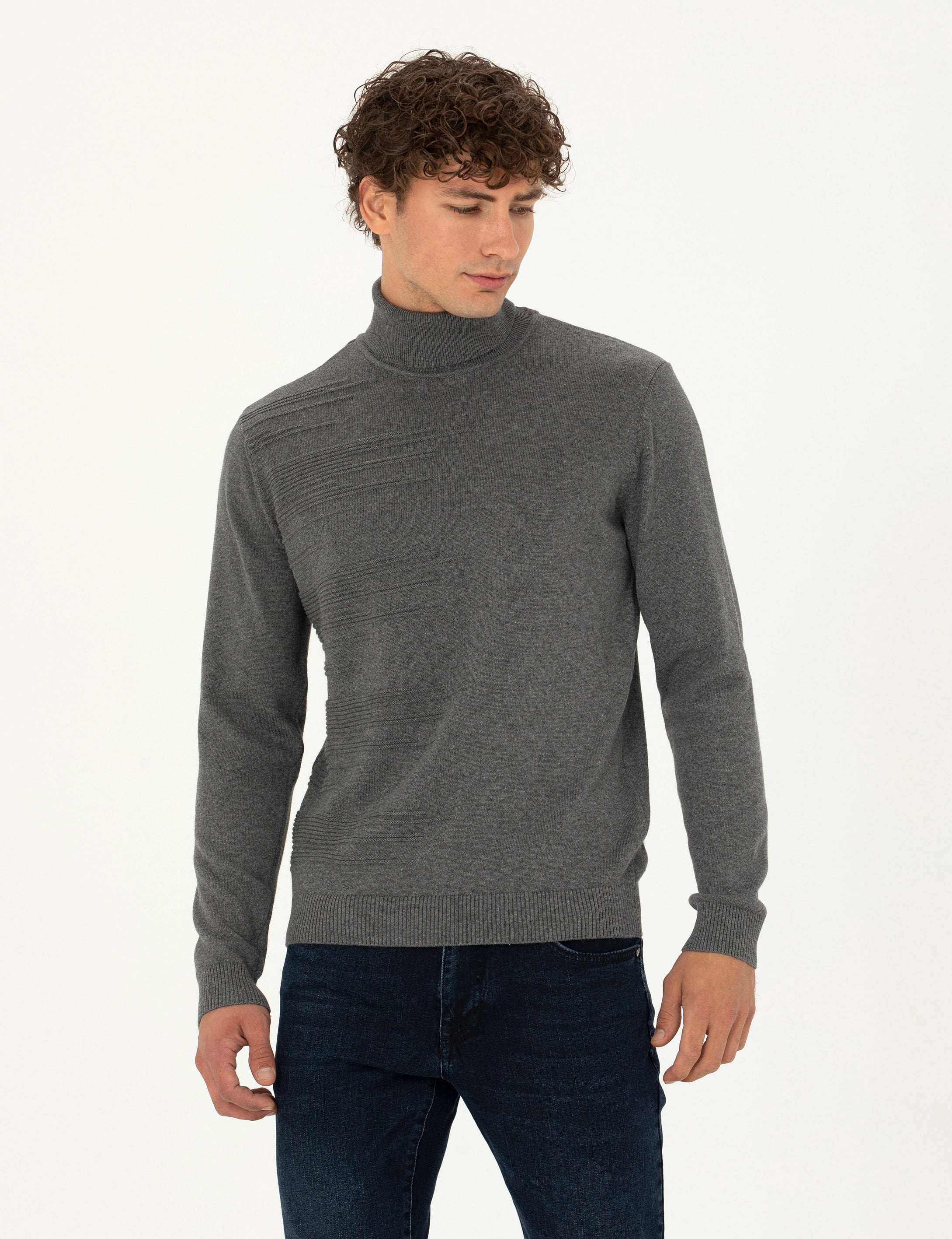 Gri Melanj Slim Fit Balıkçı Yaka Triko Kazak