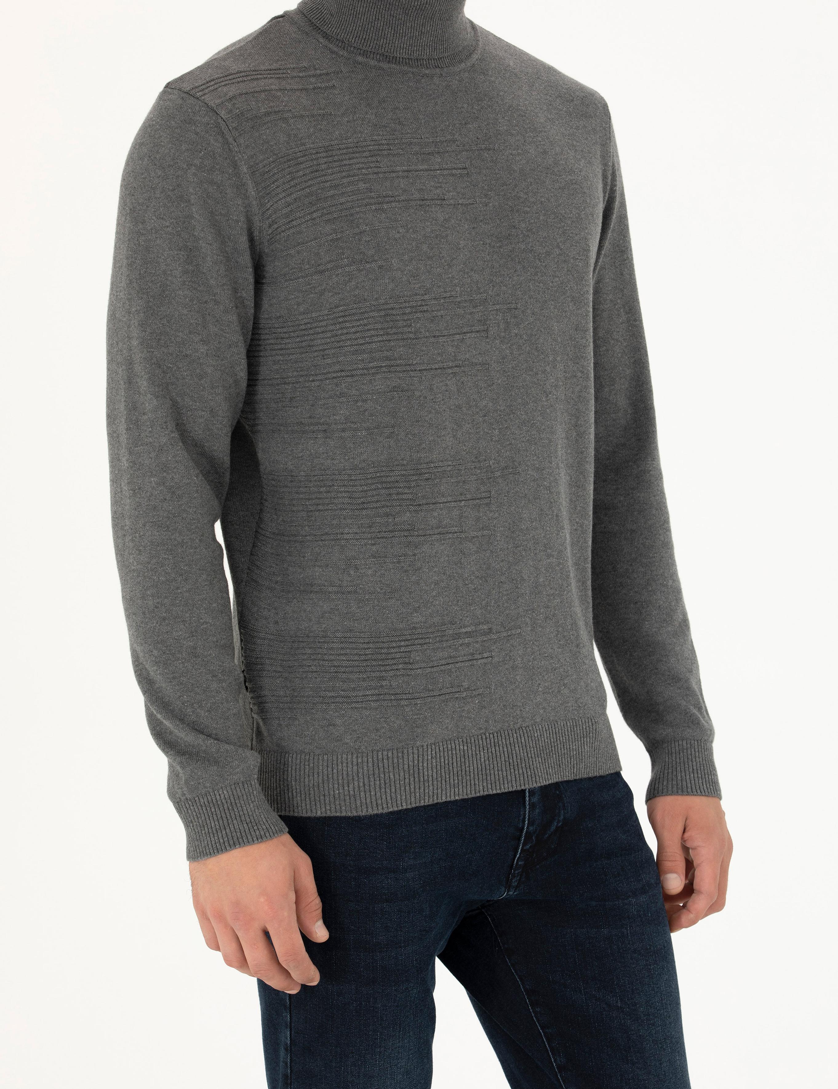 Gri Melanj Slim Fit Balıkçı Yaka Triko Kazak