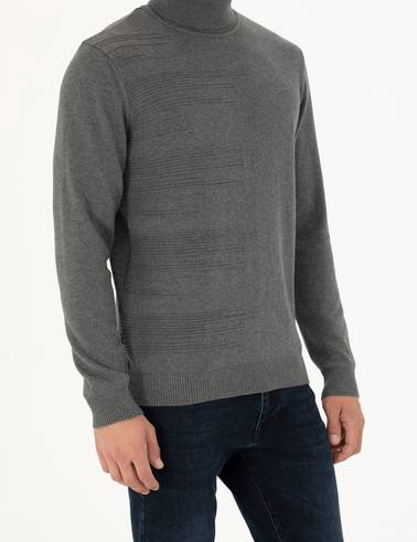 Gri Melanj Slim Fit Balıkçı Yaka Triko Kazak