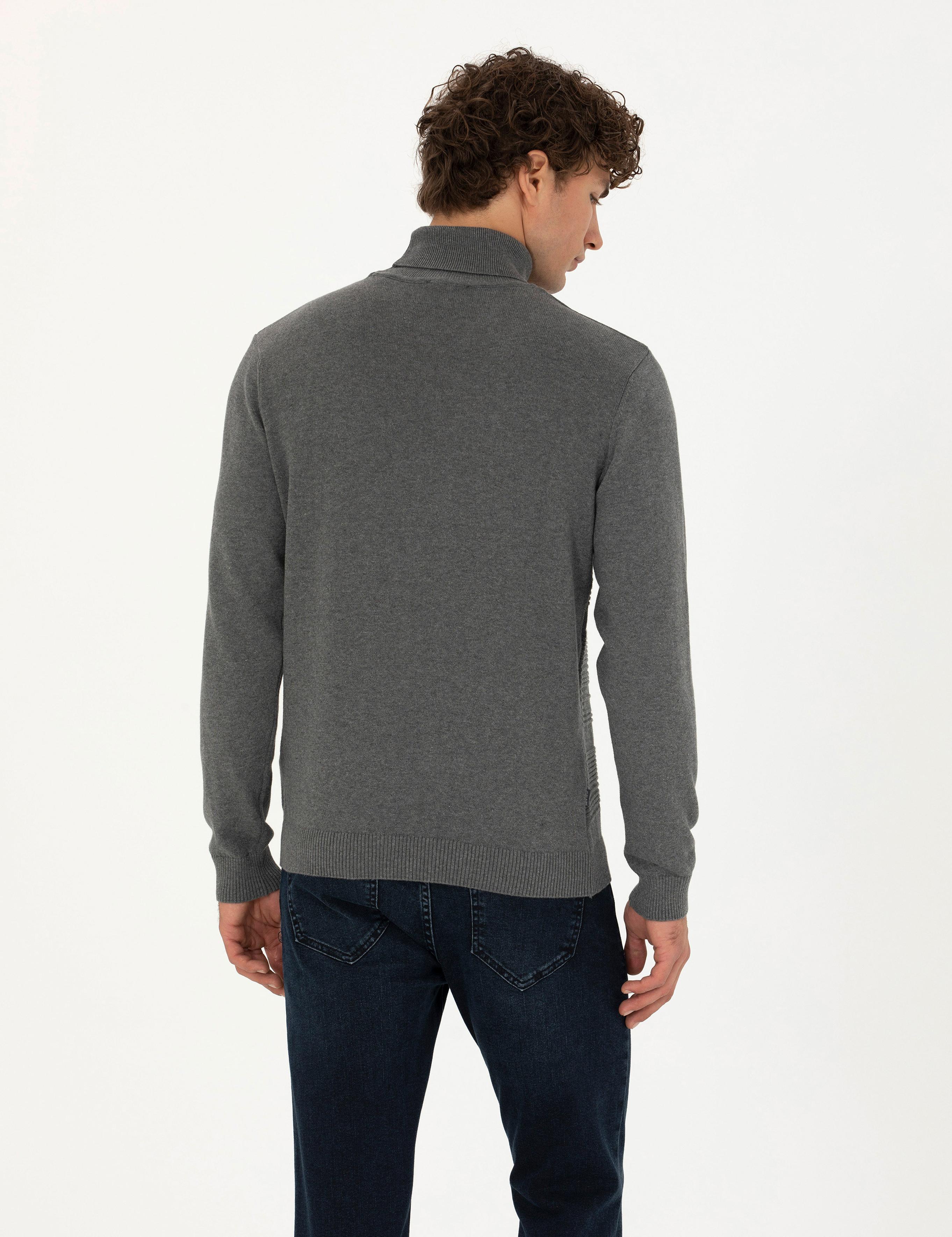 Gri Melanj Slim Fit Balıkçı Yaka Triko Kazak