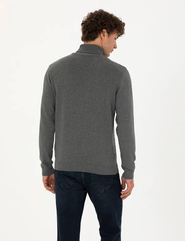 Gri Melanj Slim Fit Balıkçı Yaka Triko Kazak