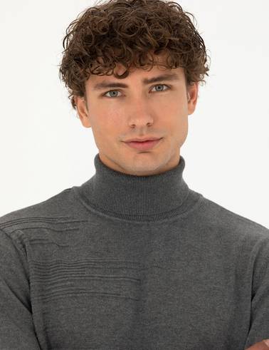 Gri Melanj Slim Fit Balıkçı Yaka Triko Kazak
