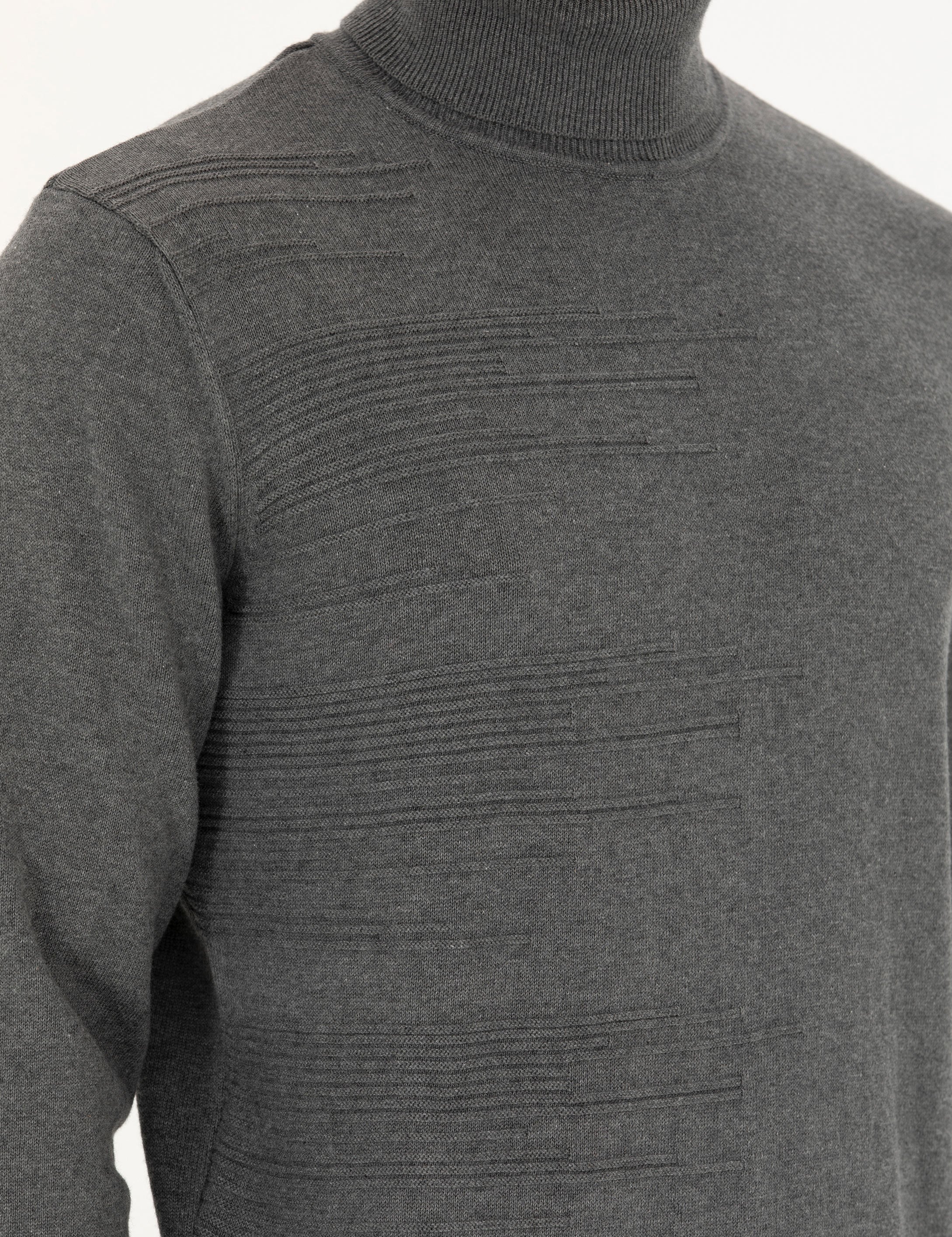 Gri Melanj Slim Fit Balıkçı Yaka Triko Kazak