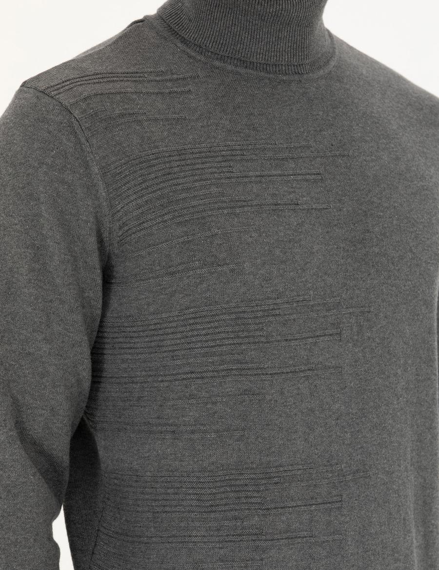 Gri Melanj Slim Fit Balıkçı Yaka Triko Kazak