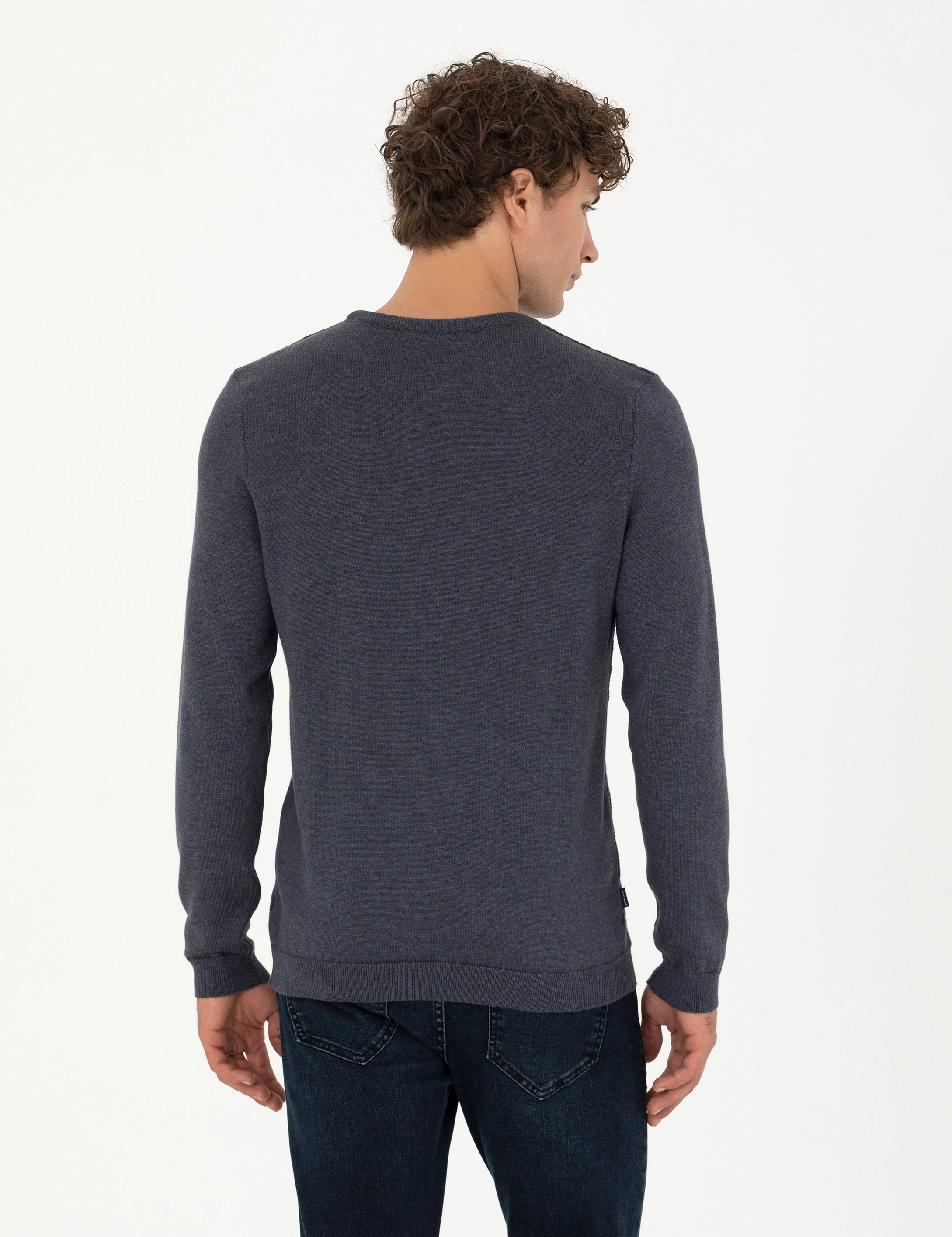 Pierre Cardin Koyu Mavi Slim Fit Bisiklet Yaka Triko Kazak görsel 5