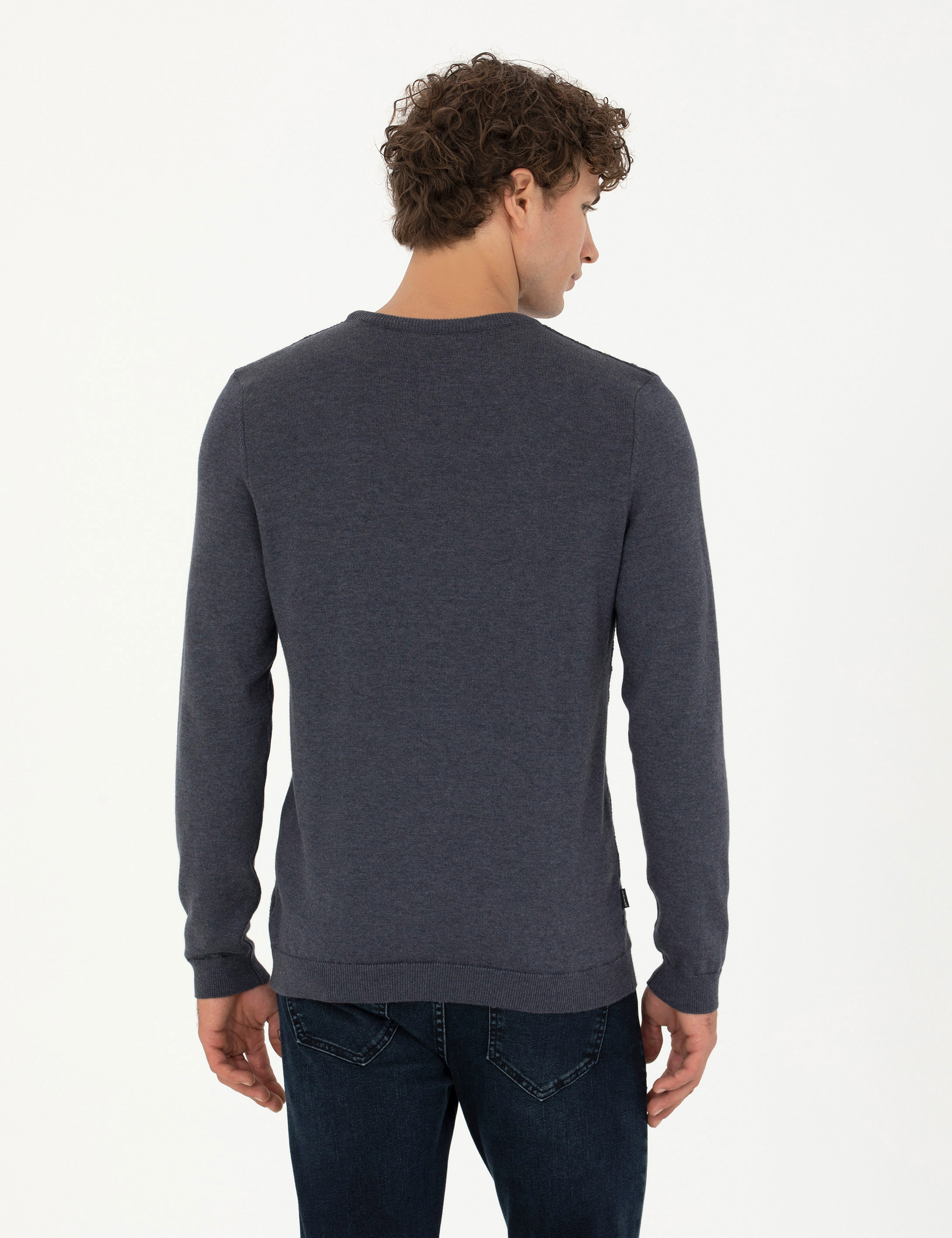 Koyu Mavi Slim Fit Bisiklet Yaka Triko Kazak