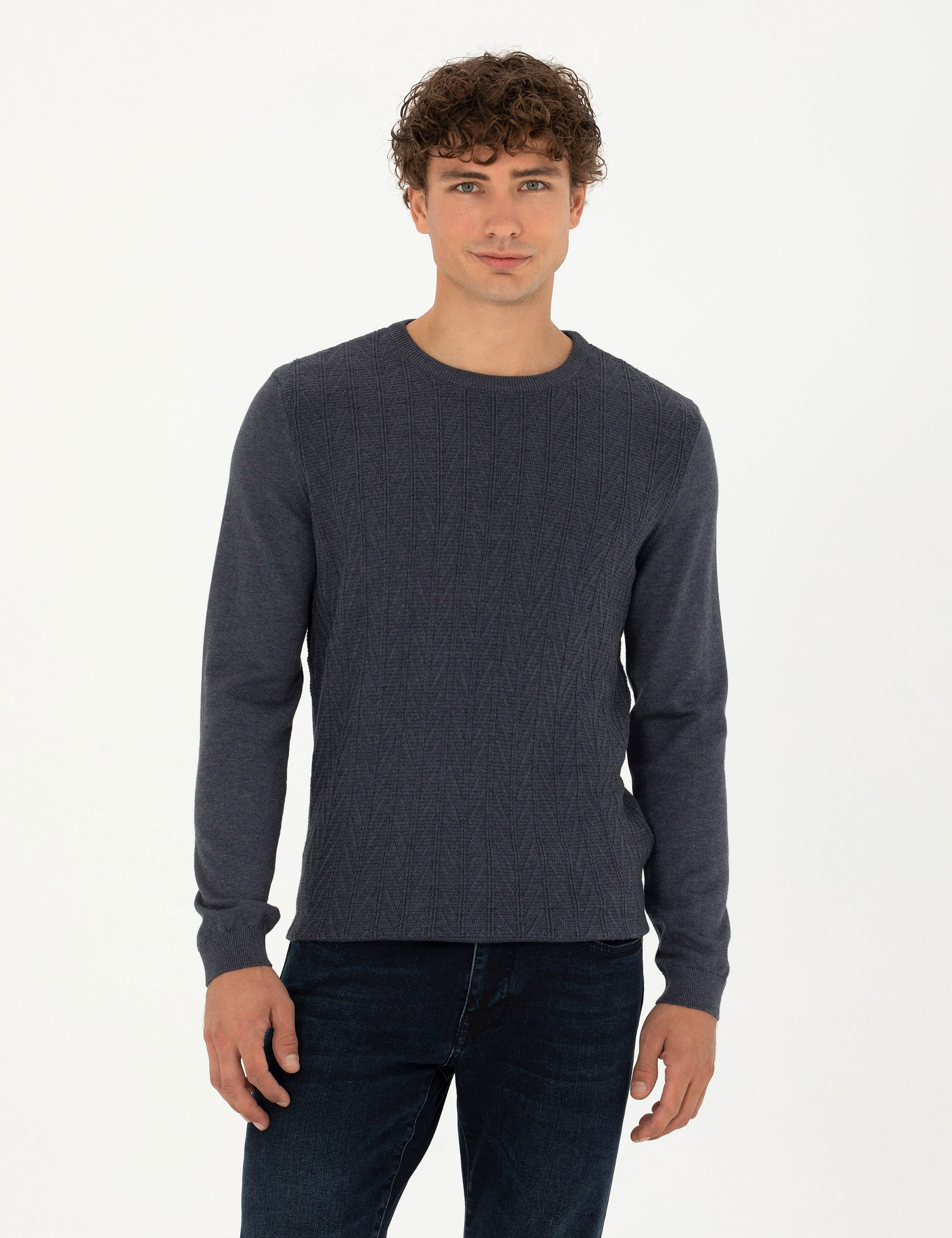 Koyu Mavi Slim Fit Bisiklet Yaka Triko Kazak - Image 3