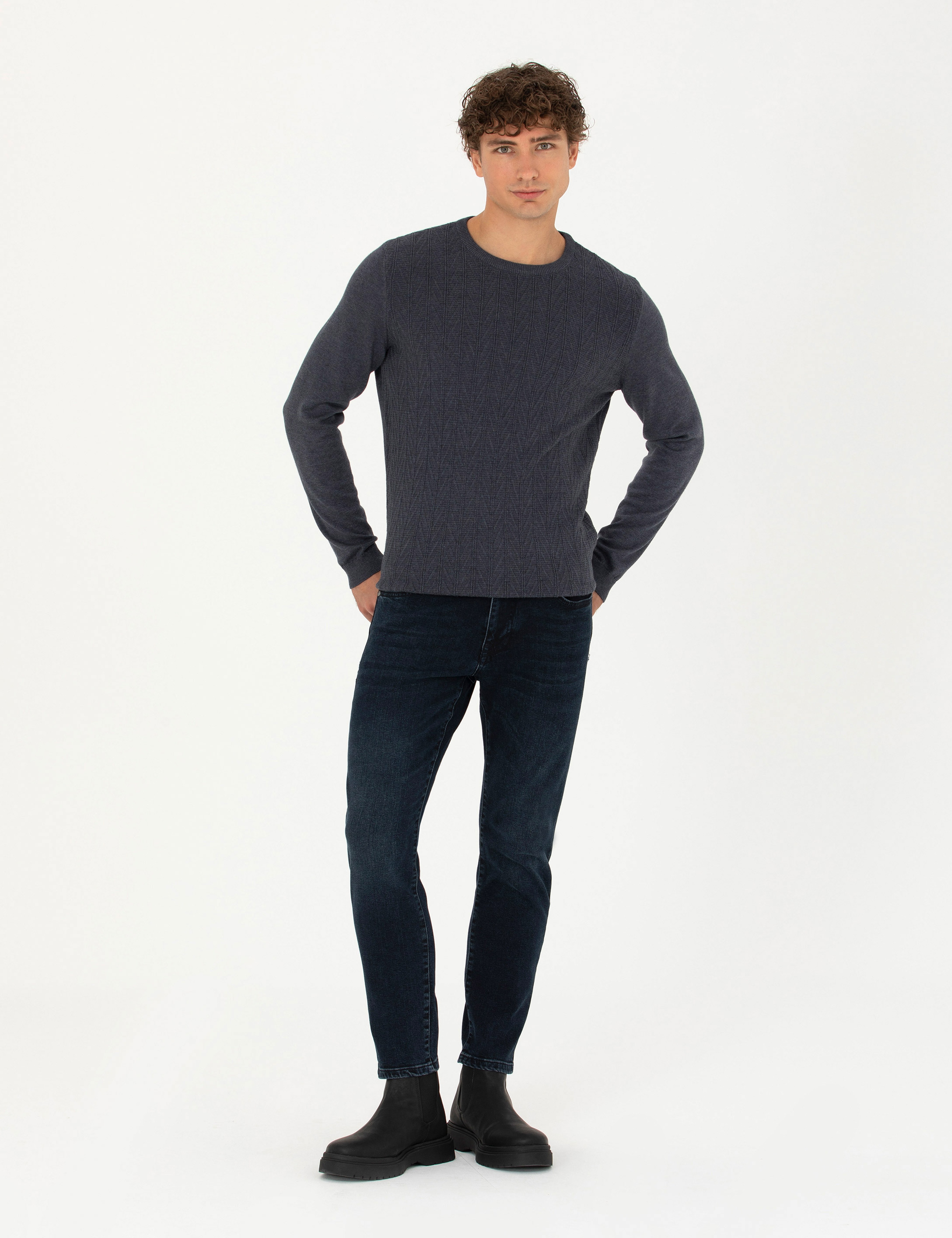 Koyu Mavi Slim Fit Bisiklet Yaka Triko Kazak
