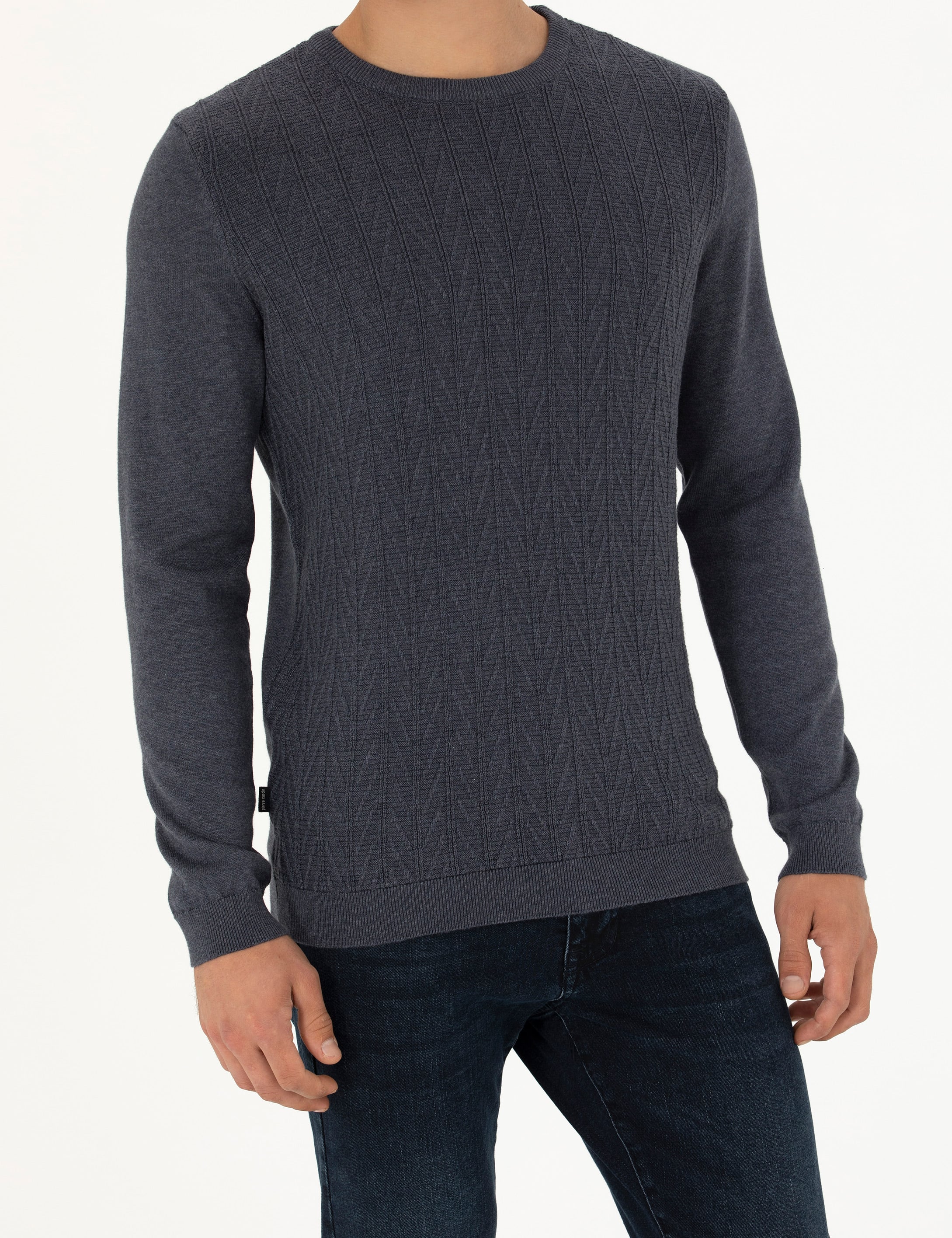 Pierre Cardin Koyu Mavi Slim Fit Bisiklet Yaka Triko Kazak görsel 6