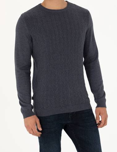 Koyu Mavi Slim Fit Bisiklet Yaka Triko Kazak