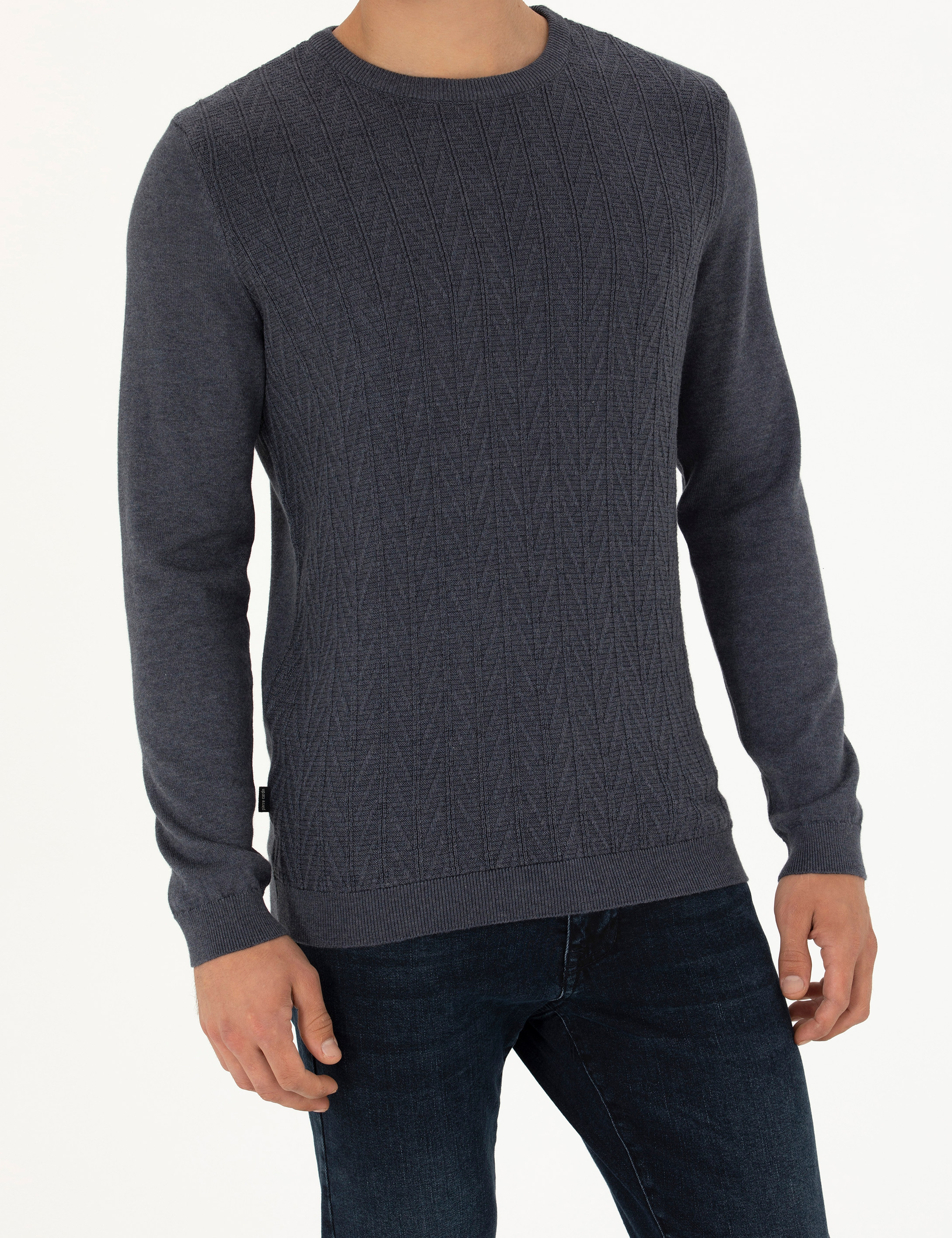 Koyu Mavi Slim Fit Bisiklet Yaka Triko Kazak - Image 6