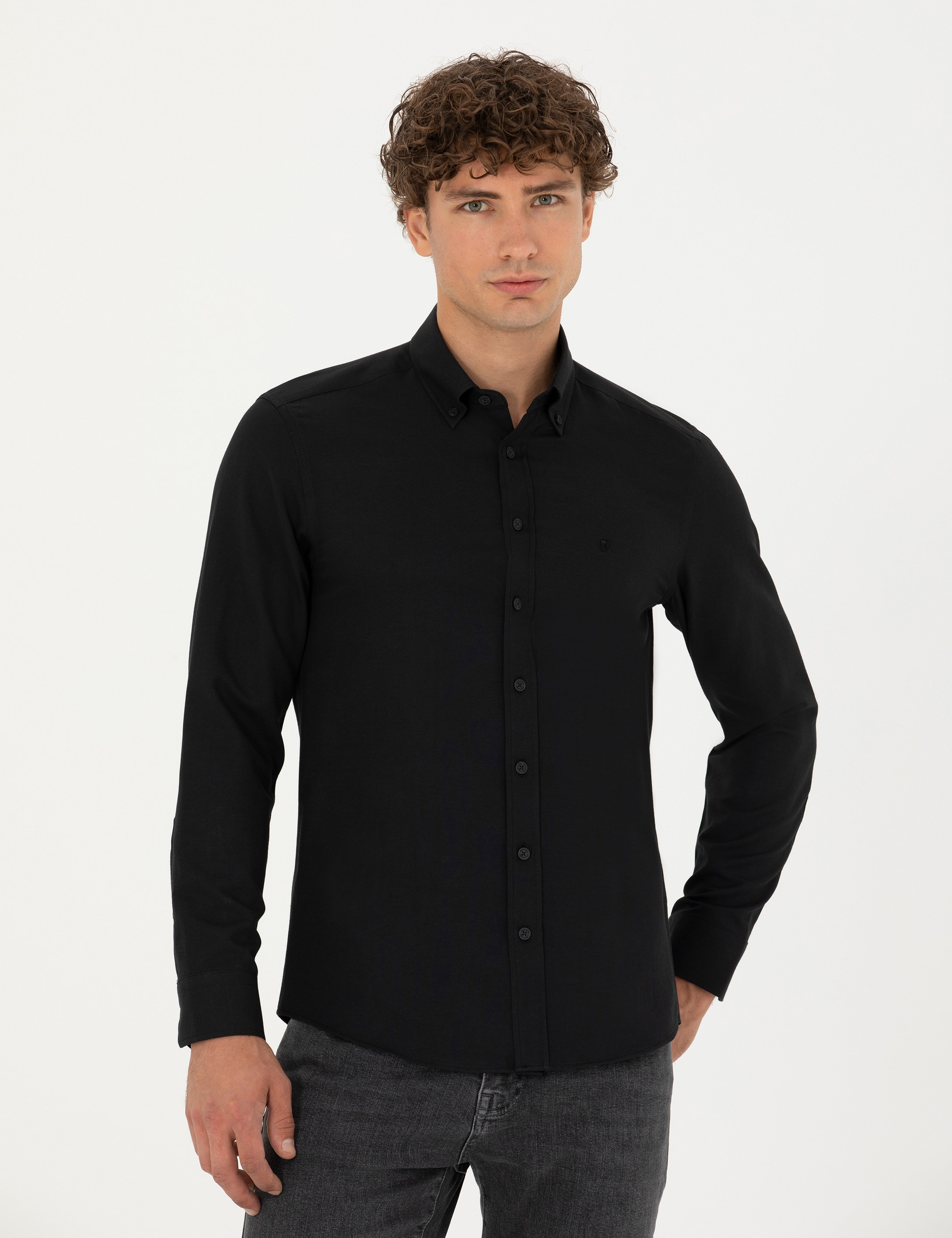 Siyah Slim Fit Uzun Kollu Gömlek - Image 3