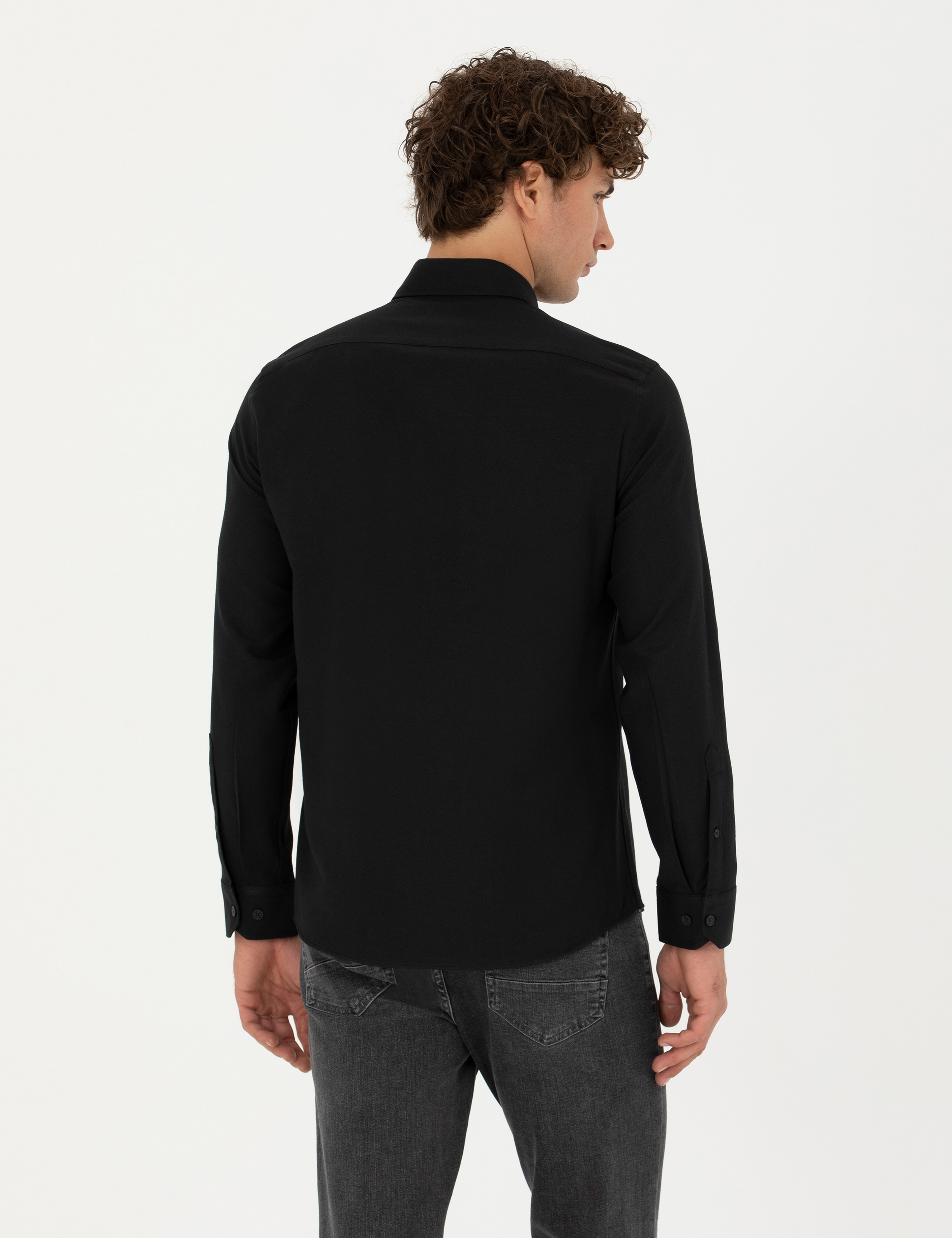 Siyah Slim Fit Uzun Kollu Gömlek - Image 5