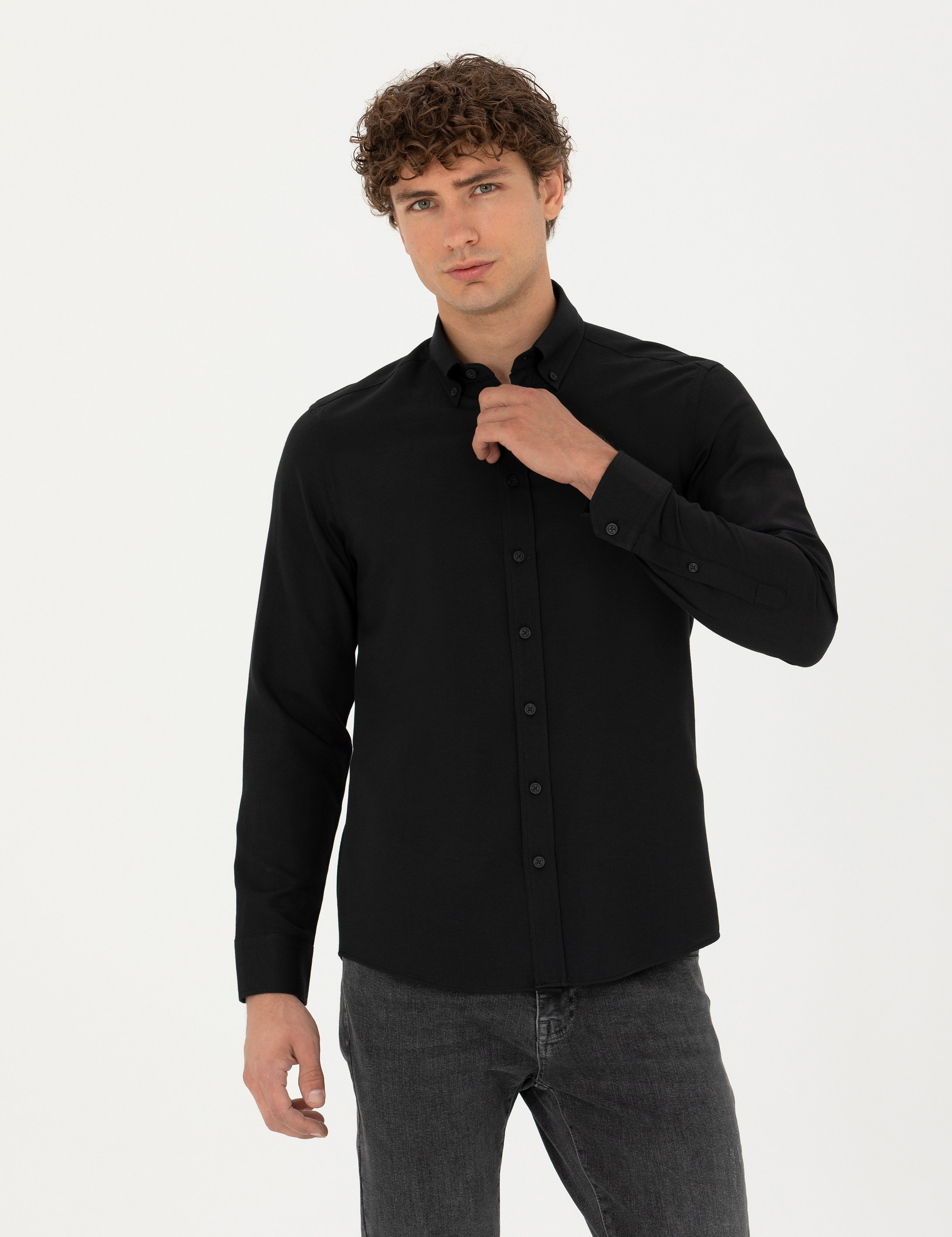Siyah Slim Fit Uzun Kollu Gömlek - Image 1