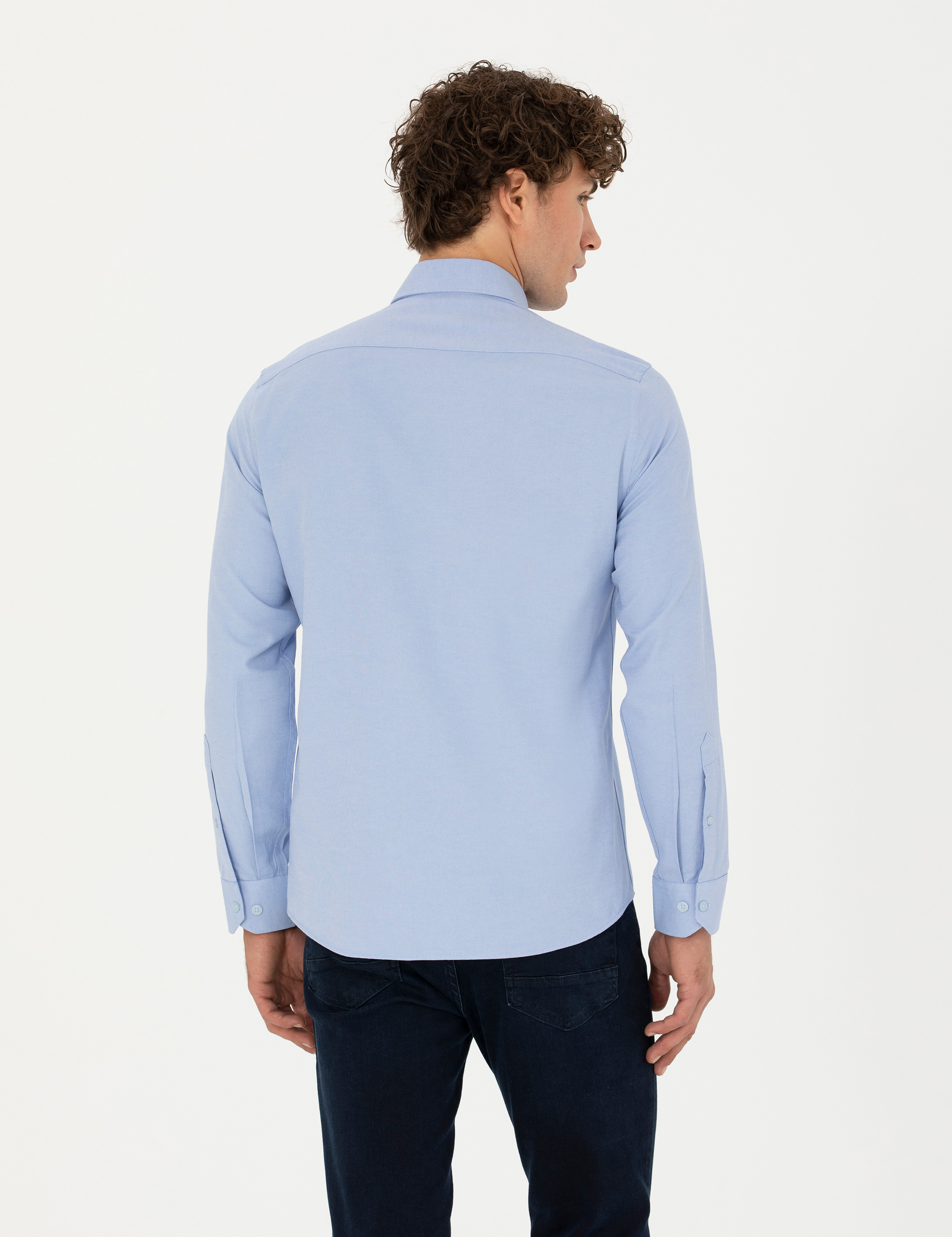 Açık Mavi Slim Fit Uzun Kollu Gömlek - Image 5