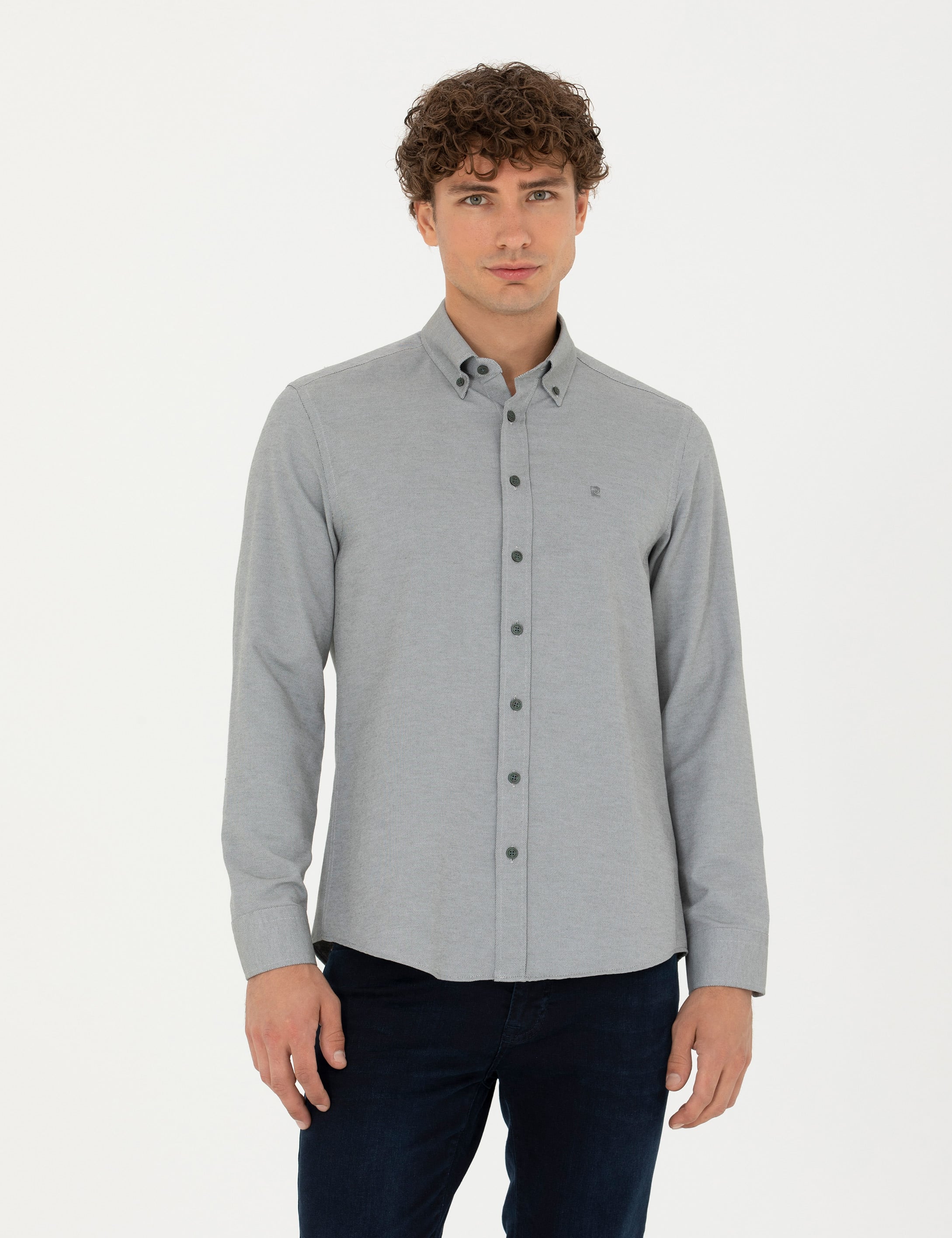 Haki Slim Fit Uzun Kollu Gömlek - Image 1