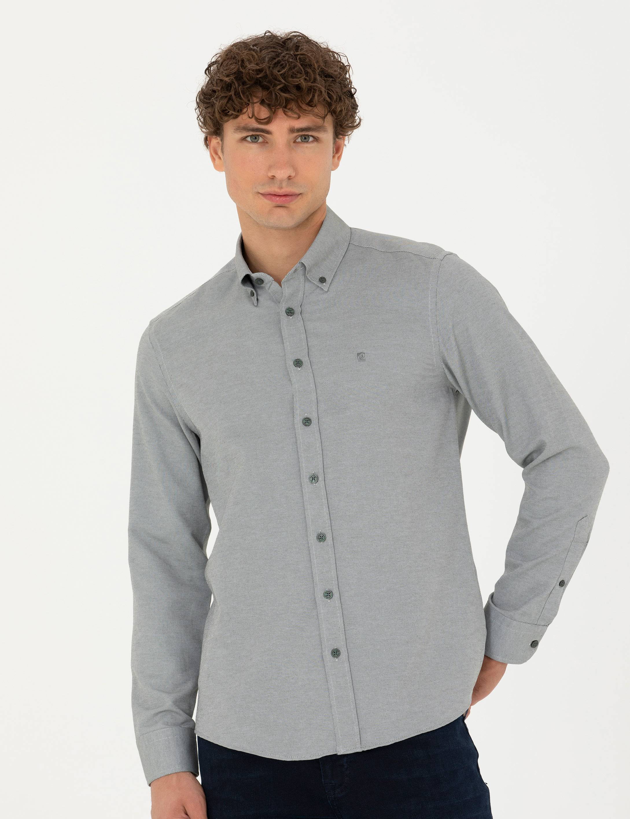 Haki Slim Fit Uzun Kollu Gömlek - Image 3