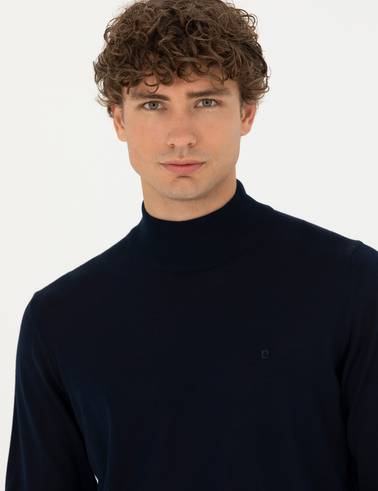 Lacivert Slim Fit Yarım Balıkçı Yaka Yün Karışımlı Basic Triko Kazak