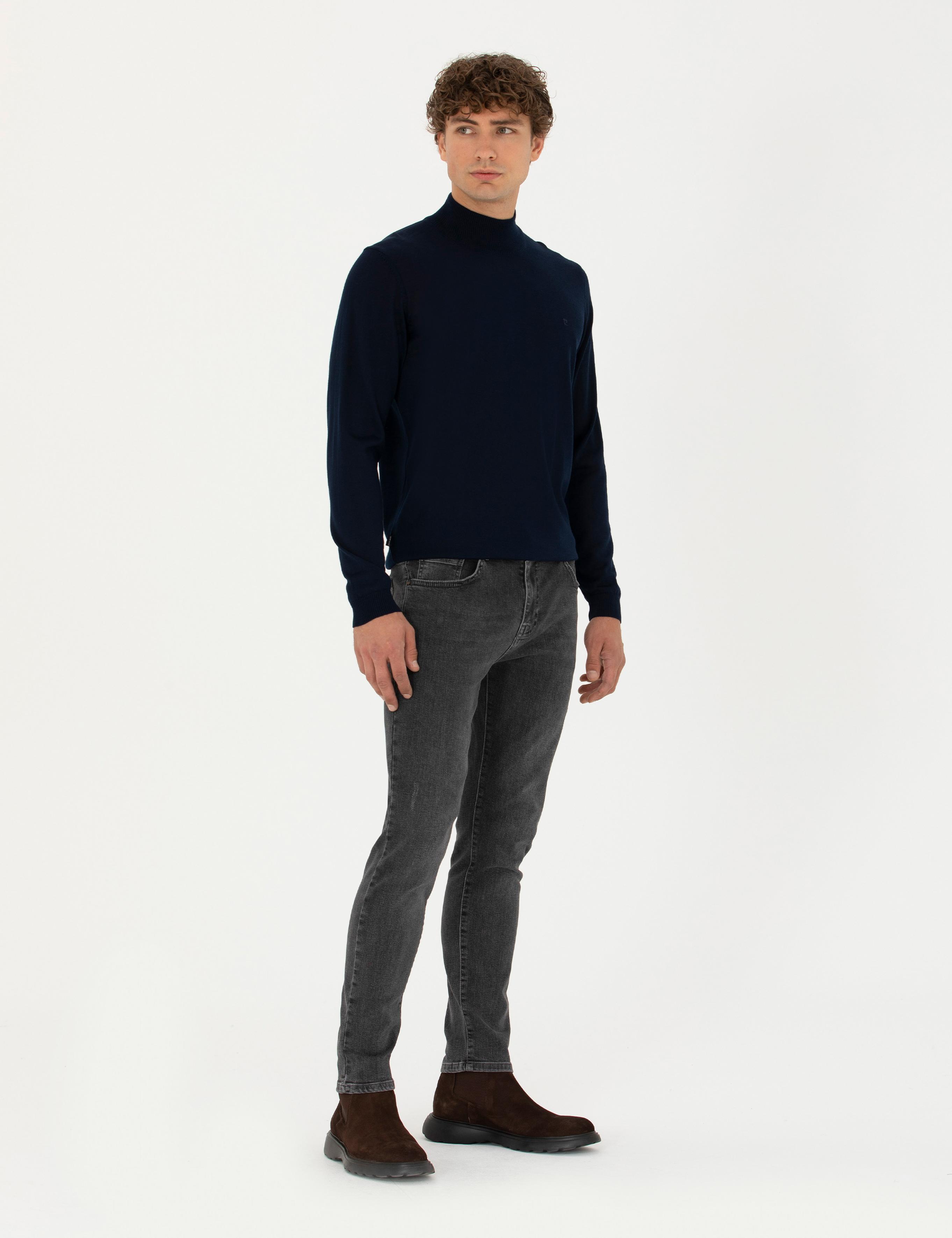 Lacivert Slim Fit Yarım Balıkçı Yaka Yün Karışımlı Basic Triko Kazak