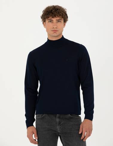 Lacivert Slim Fit Yarım Balıkçı Yaka Yün Karışımlı Basic Triko Kazak