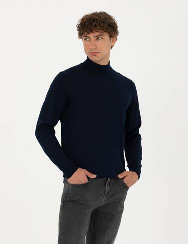 Lacivert Slim Fit Yarım Balıkçı Yaka Yün Karışımlı Basic Triko Kazak